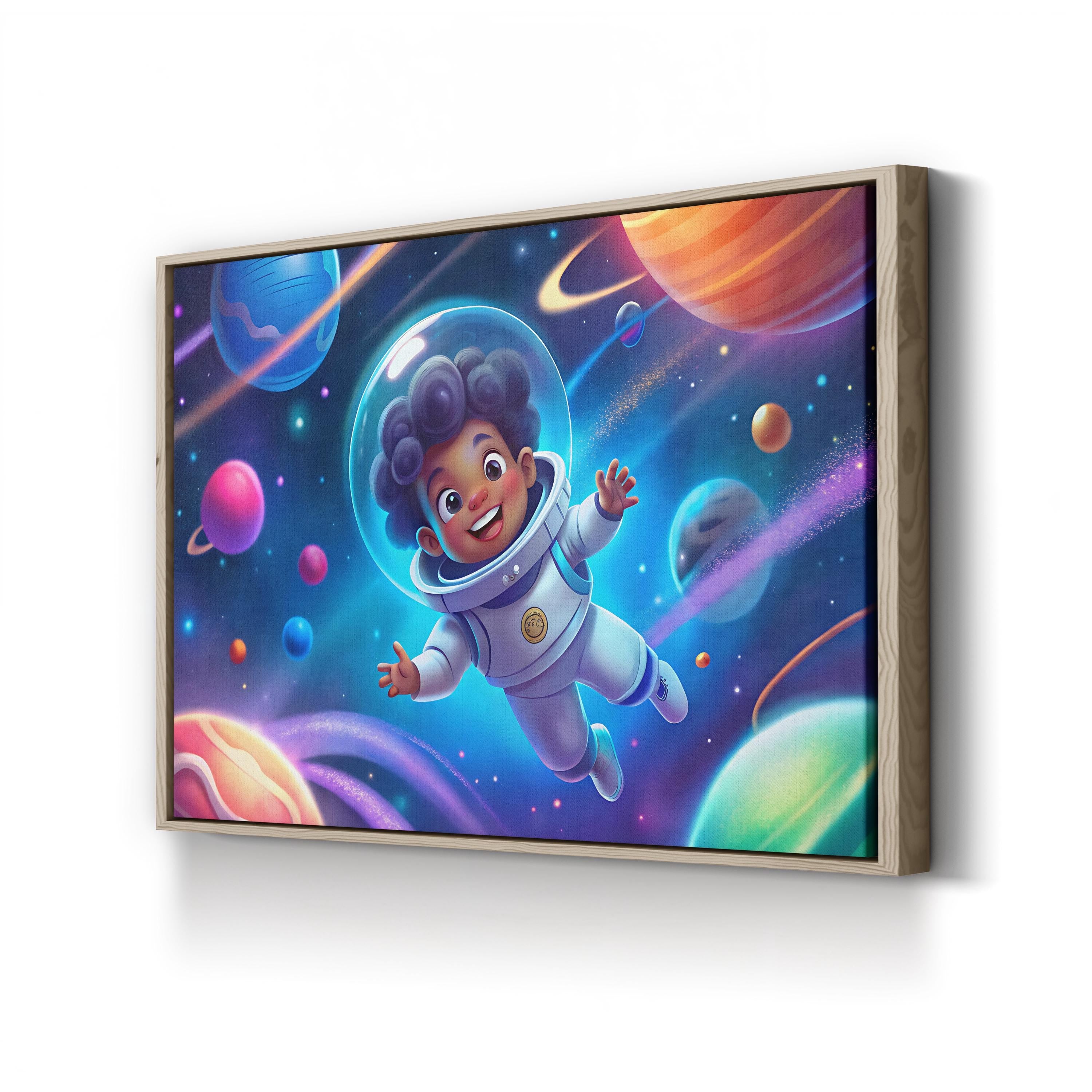Astronaut Child Among Planets – Period Illustration Wall Art | Colorful Space Canvas Print
