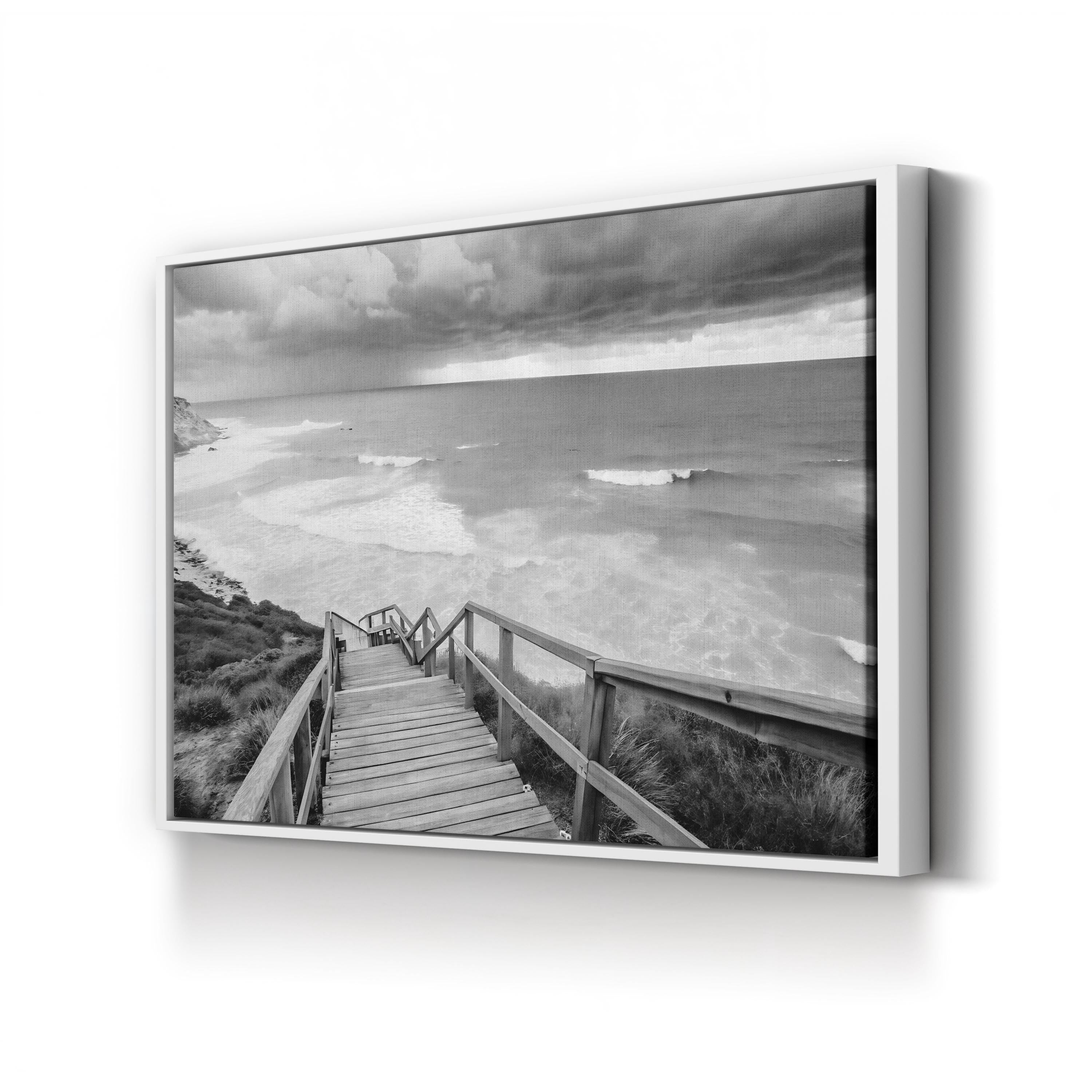 Black and White Beach Canvas Art — Coastal Ocean Photography