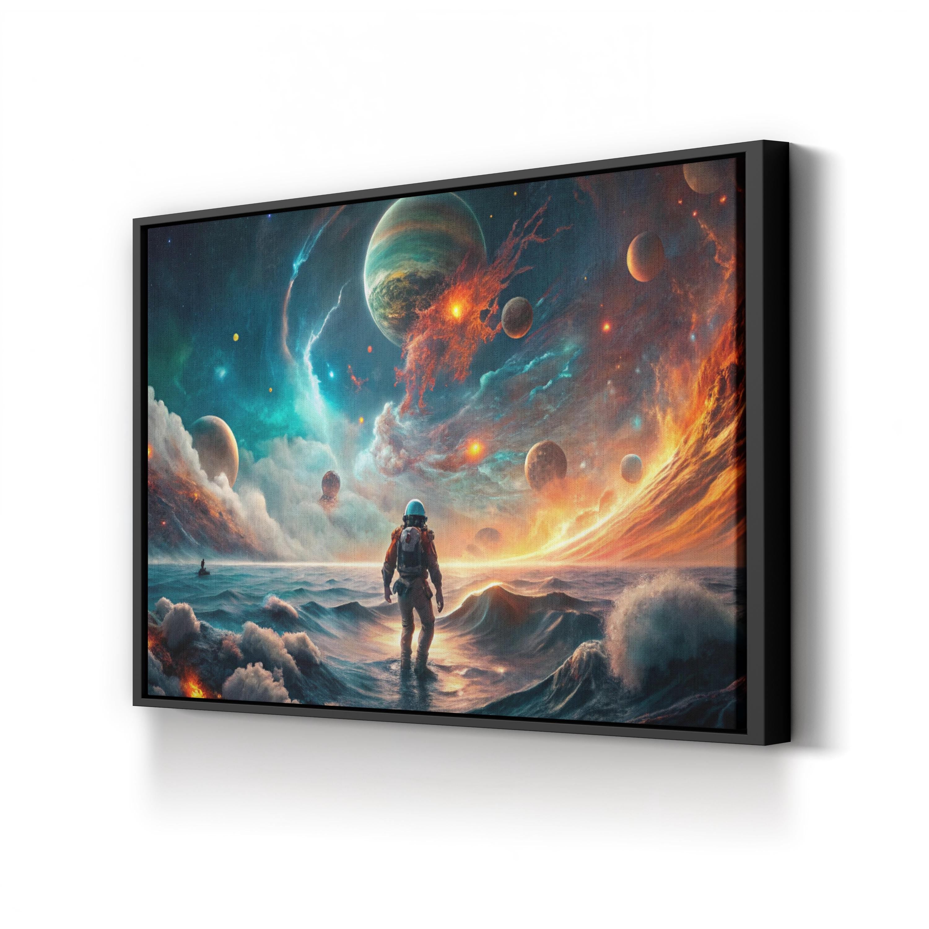 Astronaut at Cosmic Shoreline – Period Illustration Wall Art | Sea & Sky Canvas Print