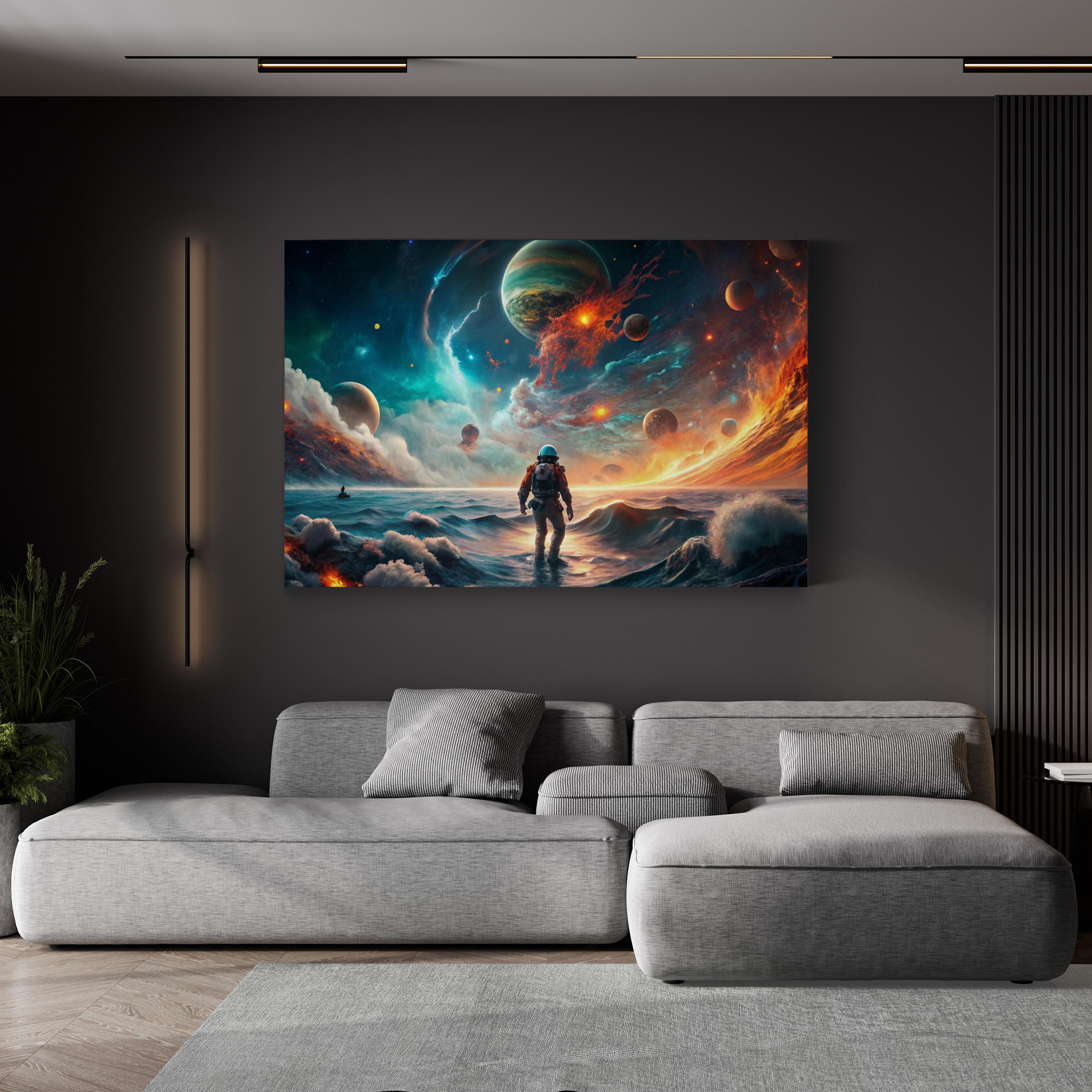 Astronaut at Cosmic Shoreline – Period Illustration Wall Art | Sea & Sky Canvas Print