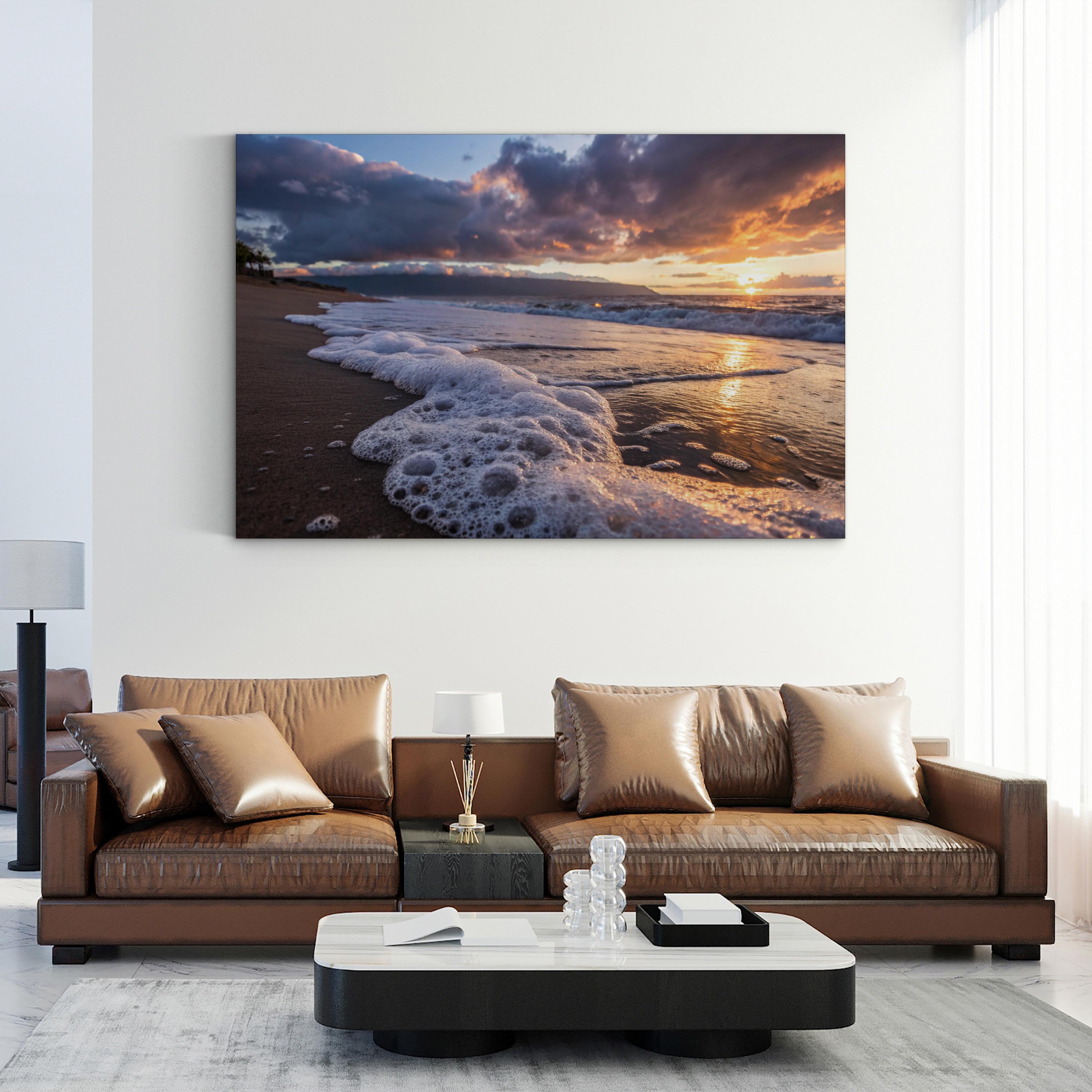 Seafoam Sunrise Canvas Wall Art — Coastal Beach Shoreline Photography Print