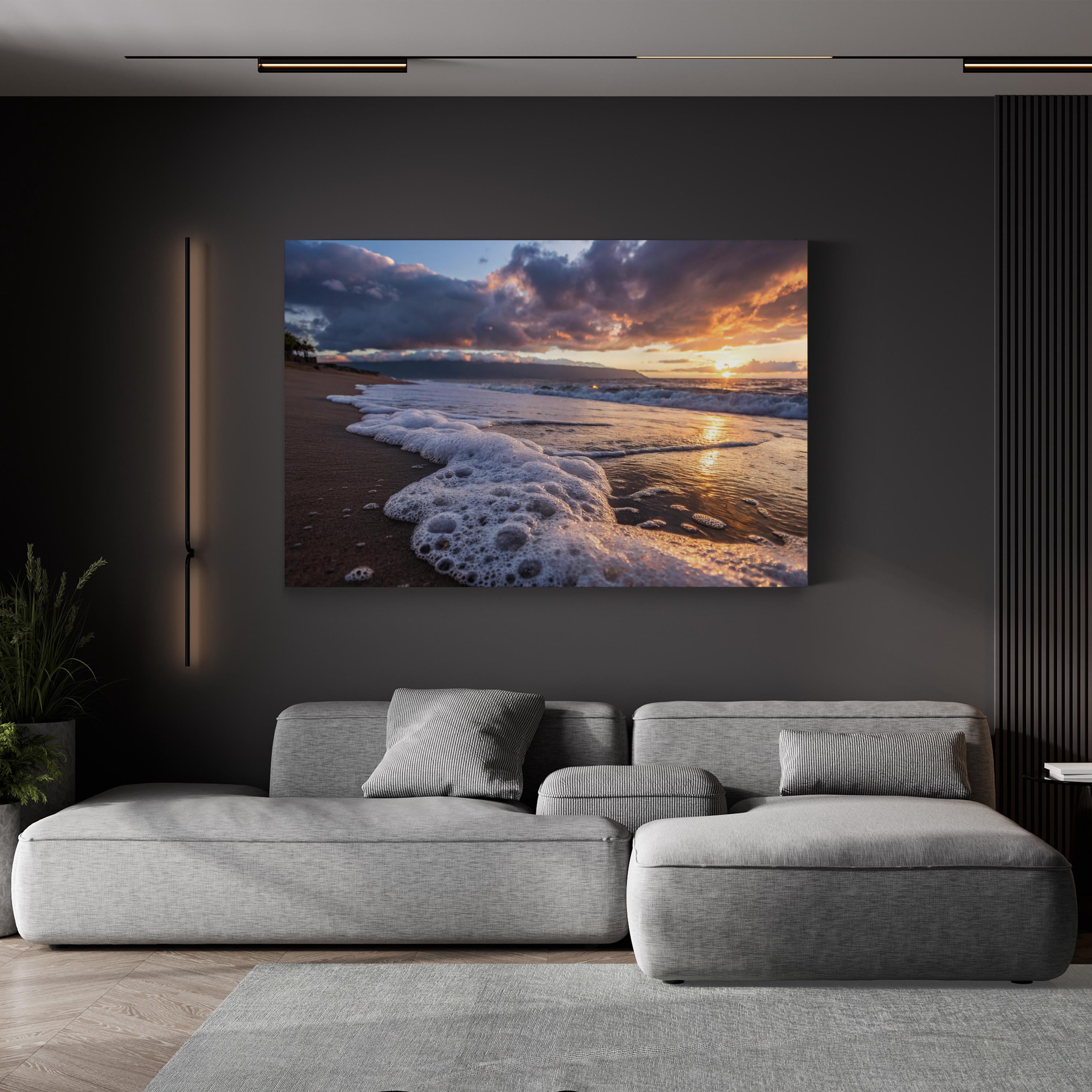 Seafoam Sunrise Canvas Wall Art — Coastal Beach Shoreline Photography Print