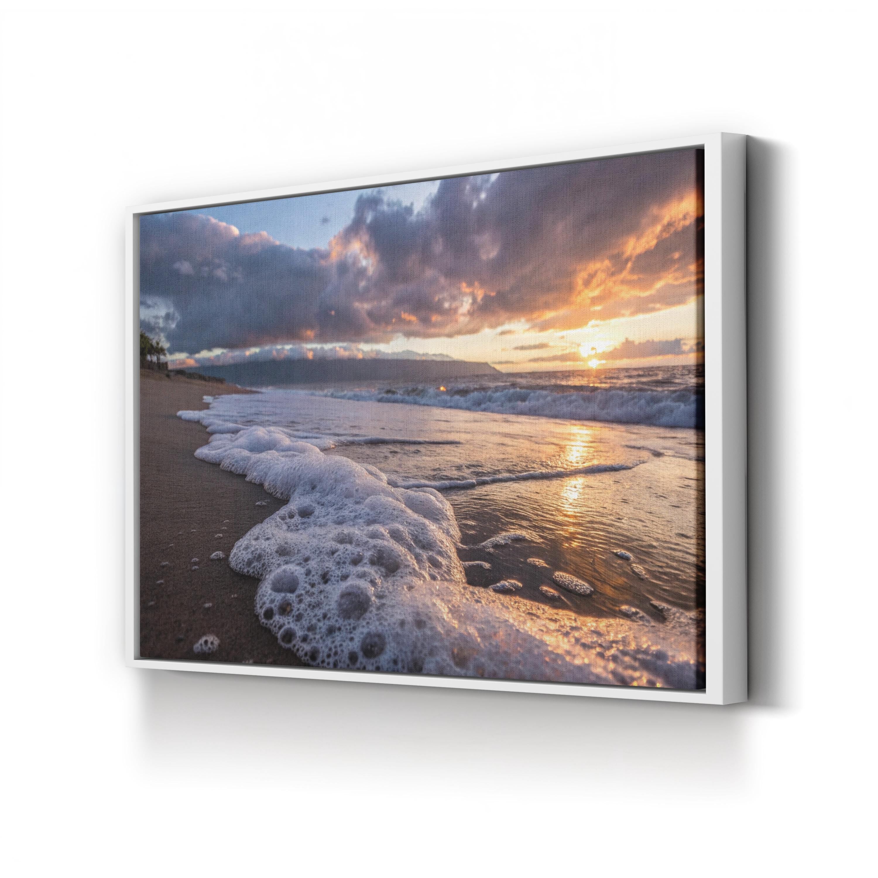 Seafoam Sunrise Canvas Wall Art — Coastal Beach Shoreline Photography Print
