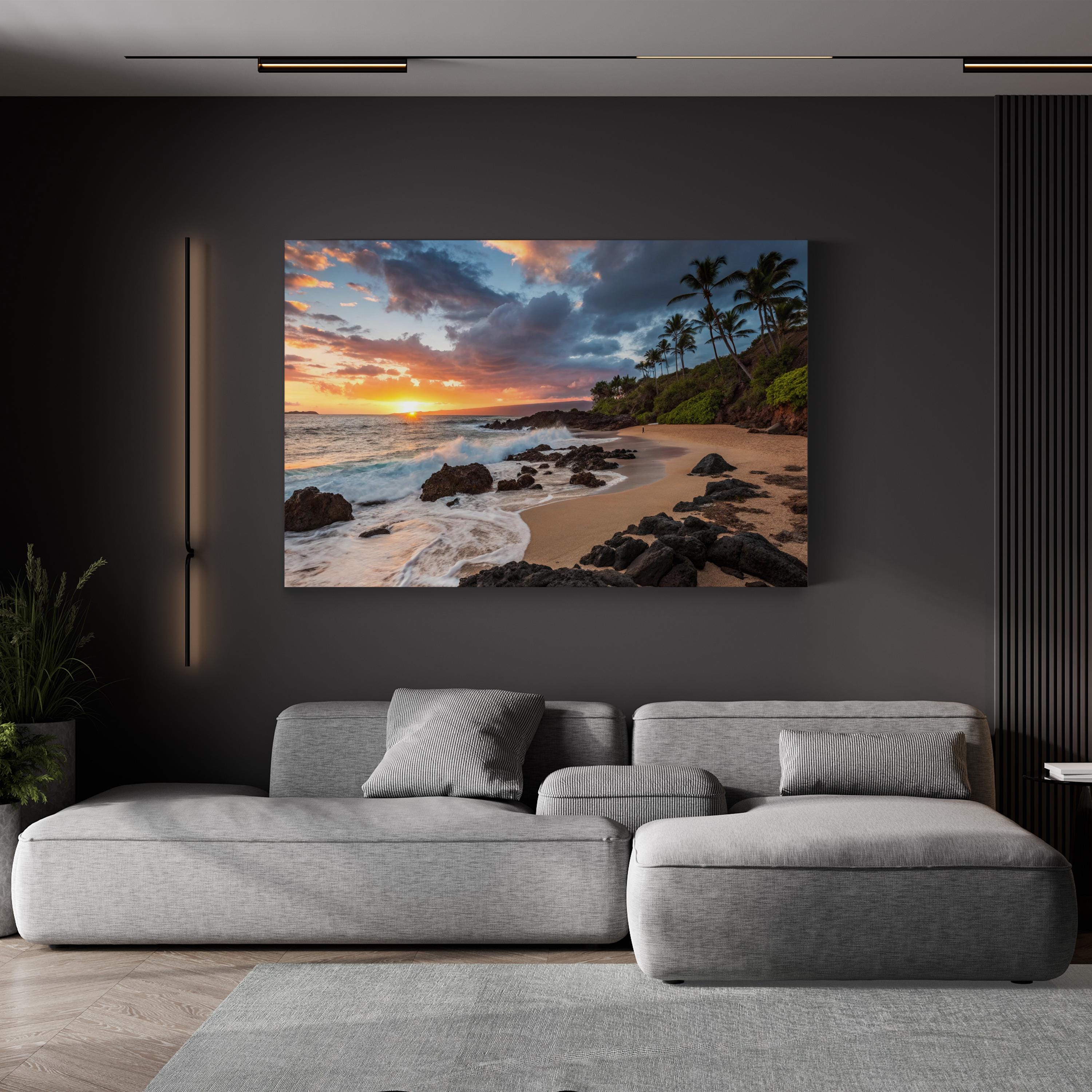 Secret Beach Kauai Hawaii Sunset Beach Canvas Art: Sunset Ocean Wave Photography, Coastal Decor