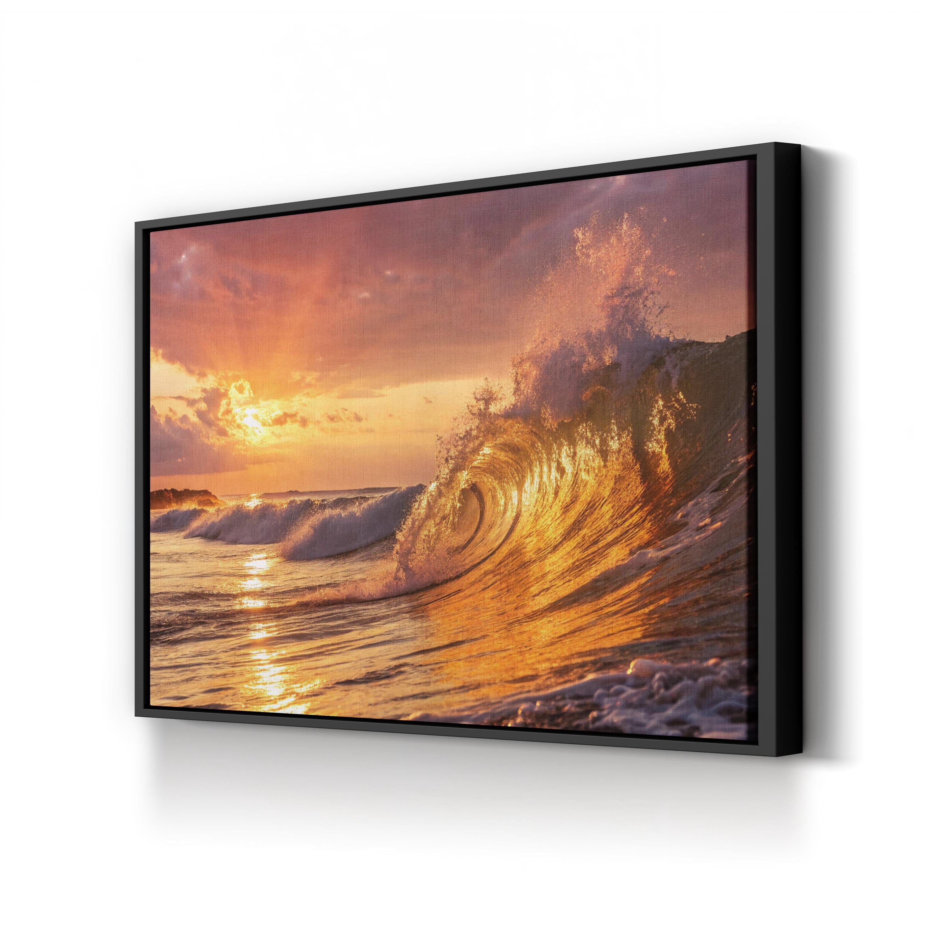 Golden Ocean Wave Canvas Wall Art: Coastal Beach House Statement Piece