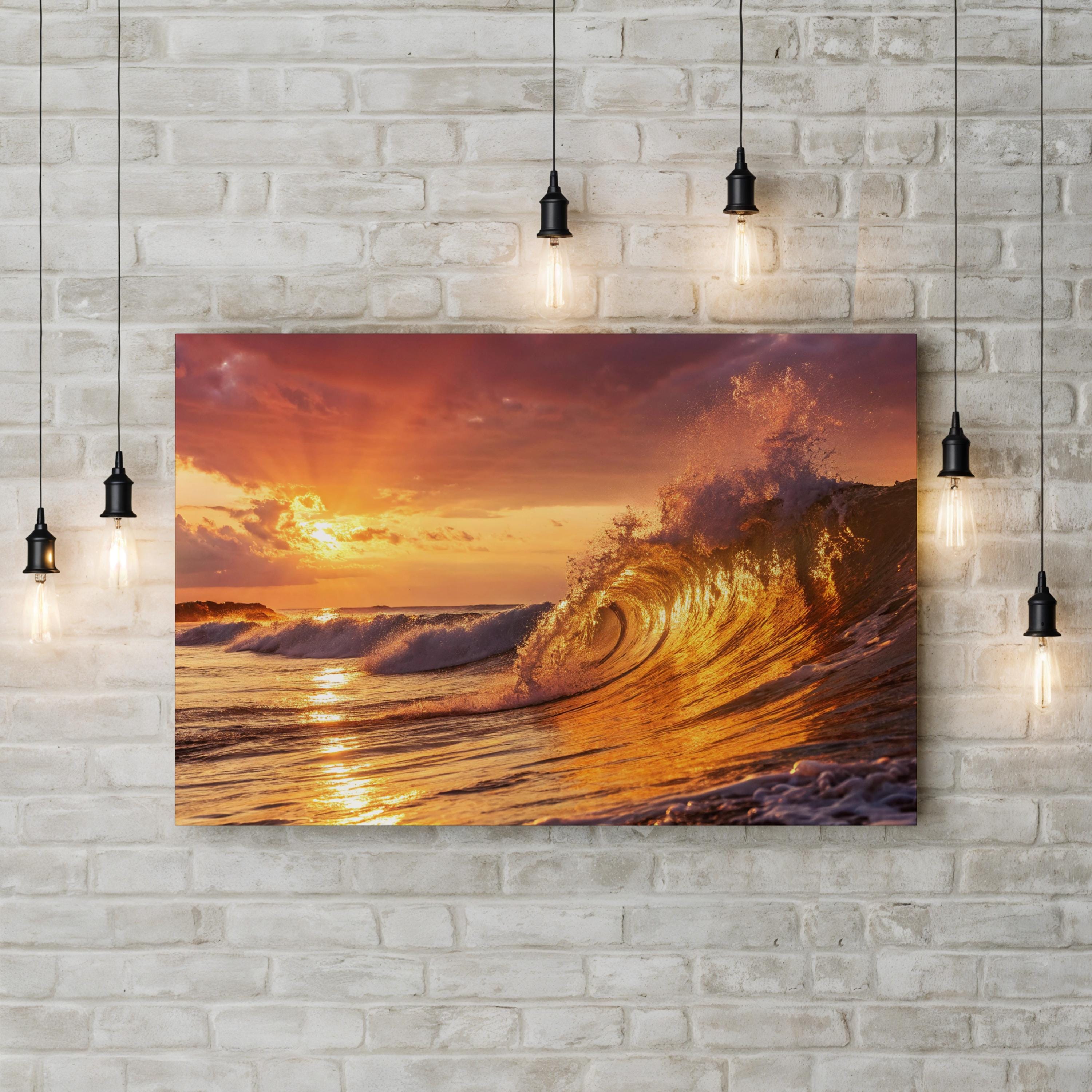 Golden Ocean Wave Canvas Wall Art: Coastal Beach House Statement Piece