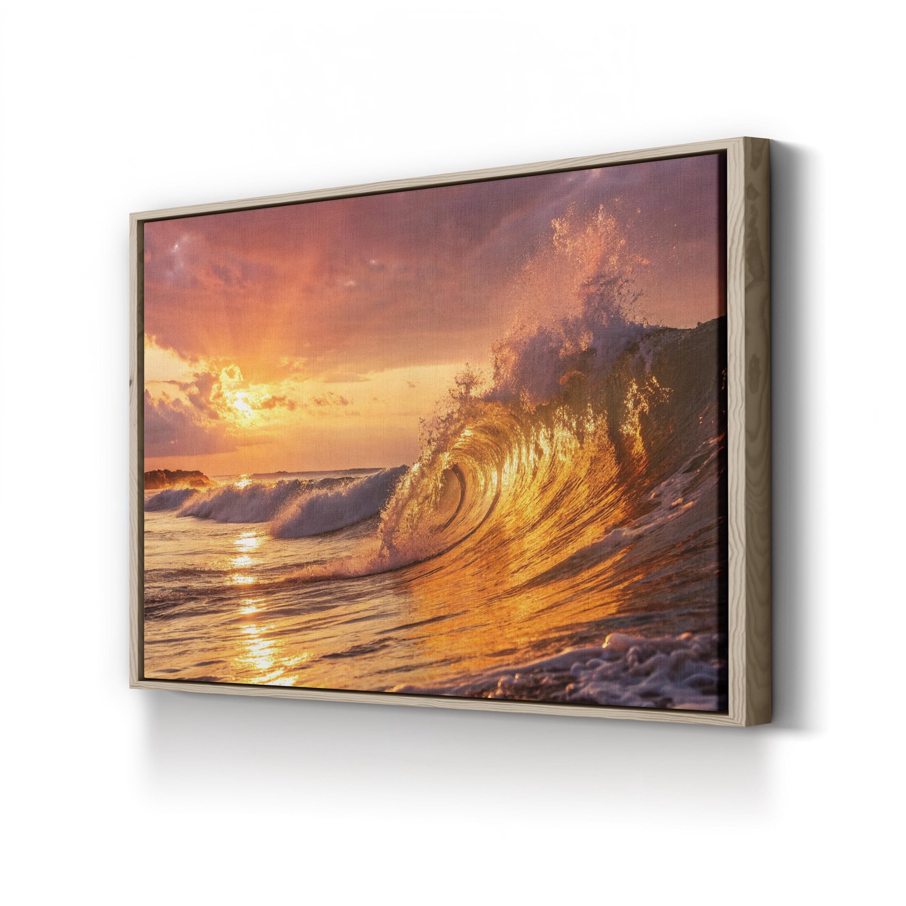 Golden Ocean Wave Canvas Wall Art: Coastal Beach House Statement Piece