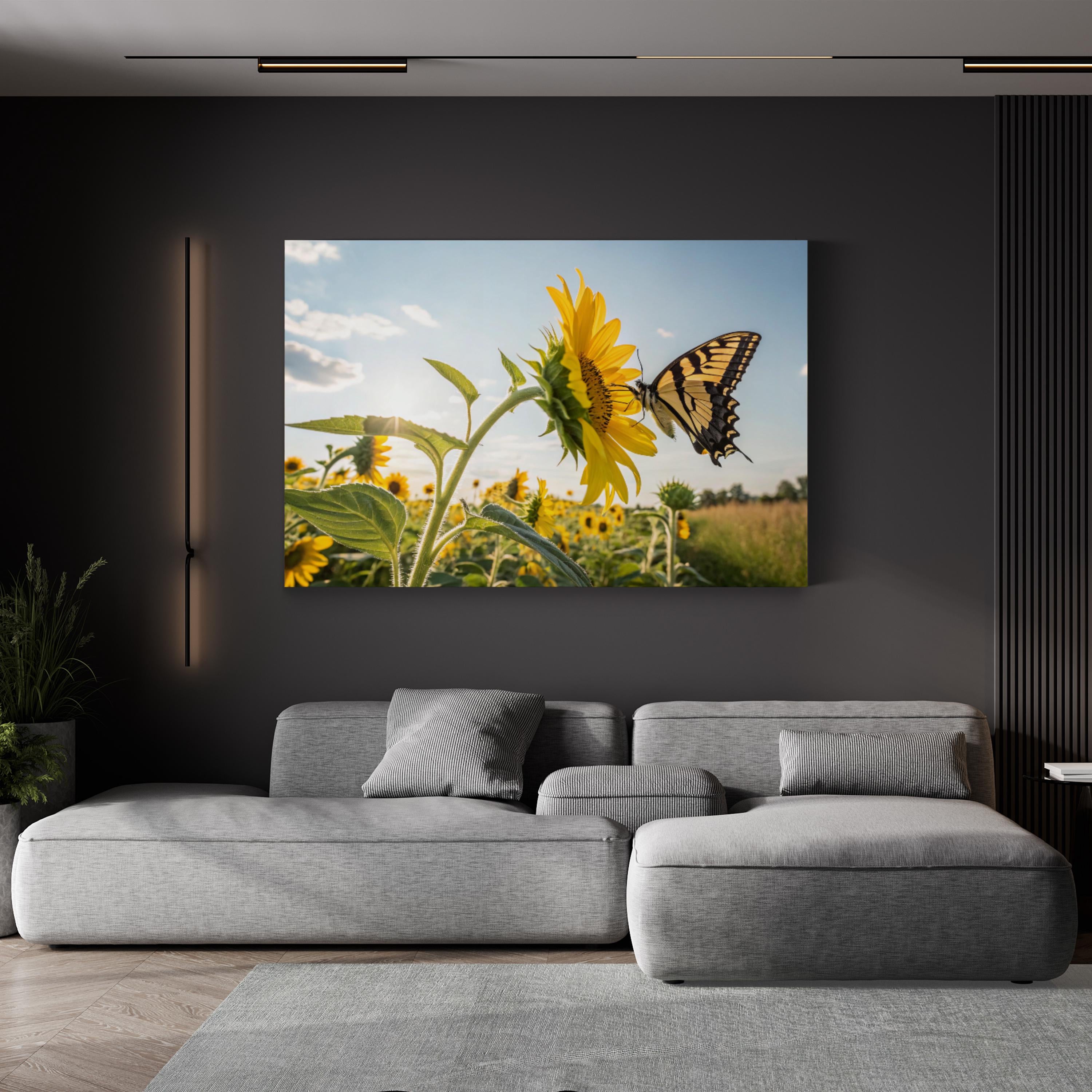 Sunflower & Butterfly – Vintage Photography Wall Art | Sunlit Field Canvas Print