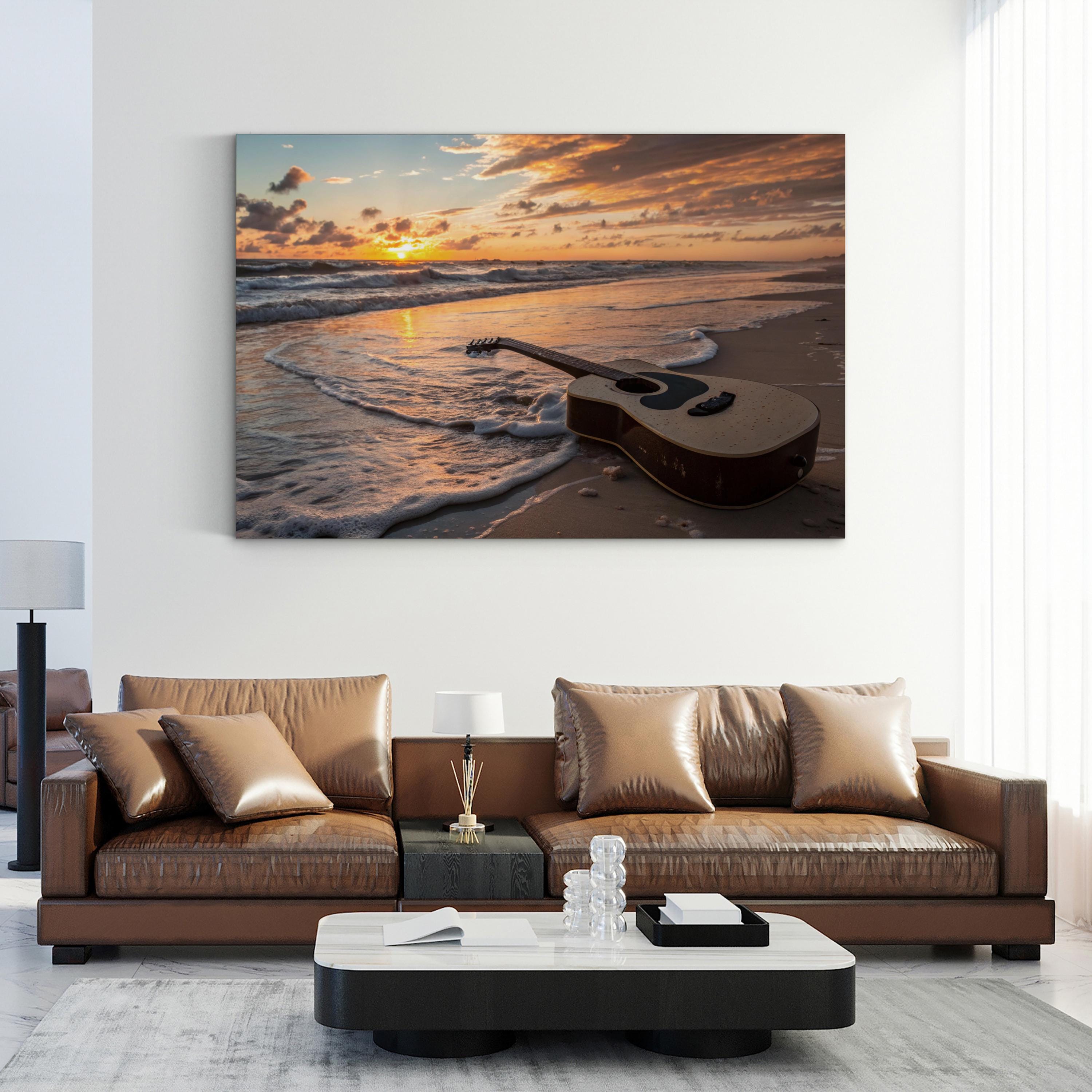 Sunset Guitar Wall Art | Ocean Beach Landscape Canvas Print