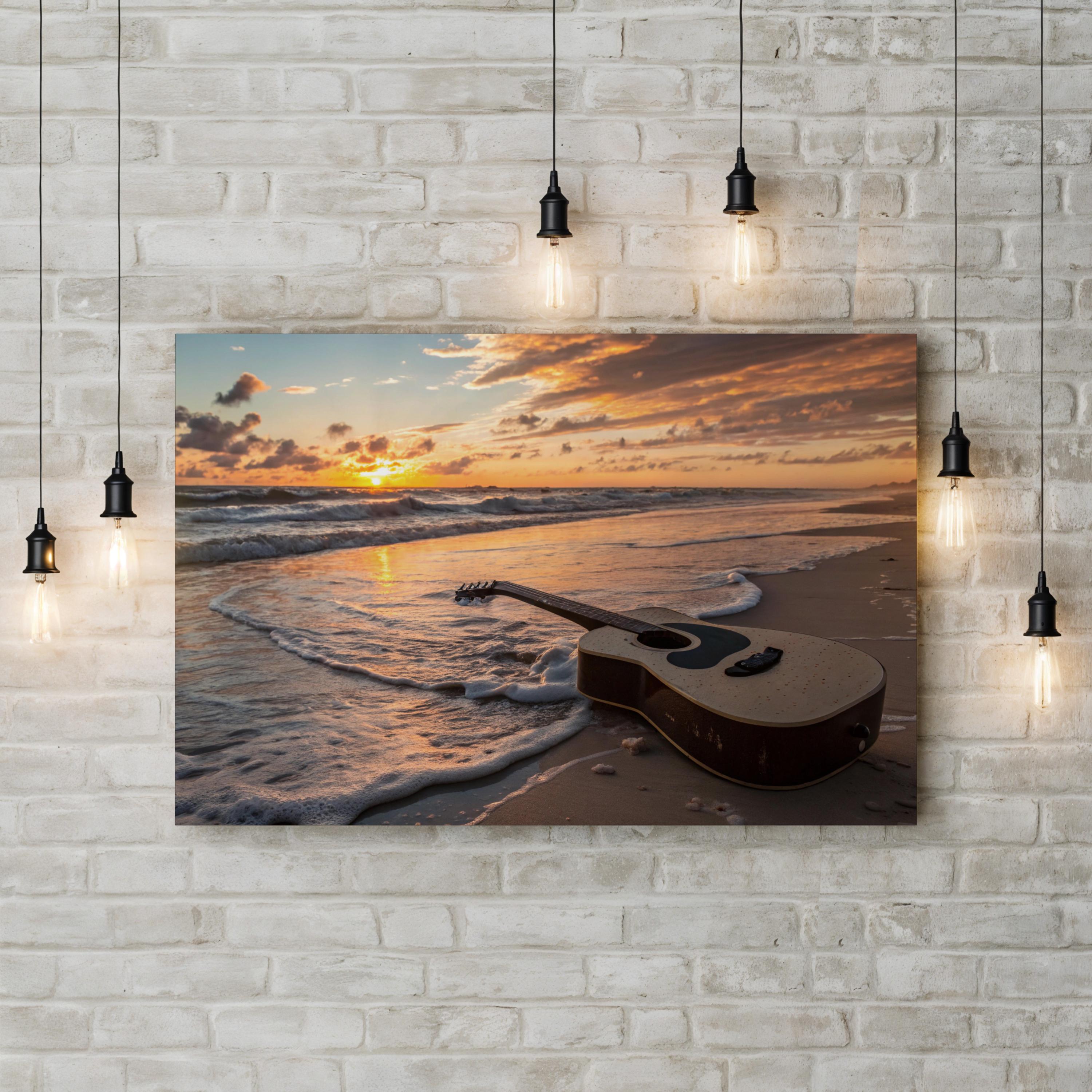 Sunset Guitar Wall Art | Ocean Beach Landscape Canvas Print