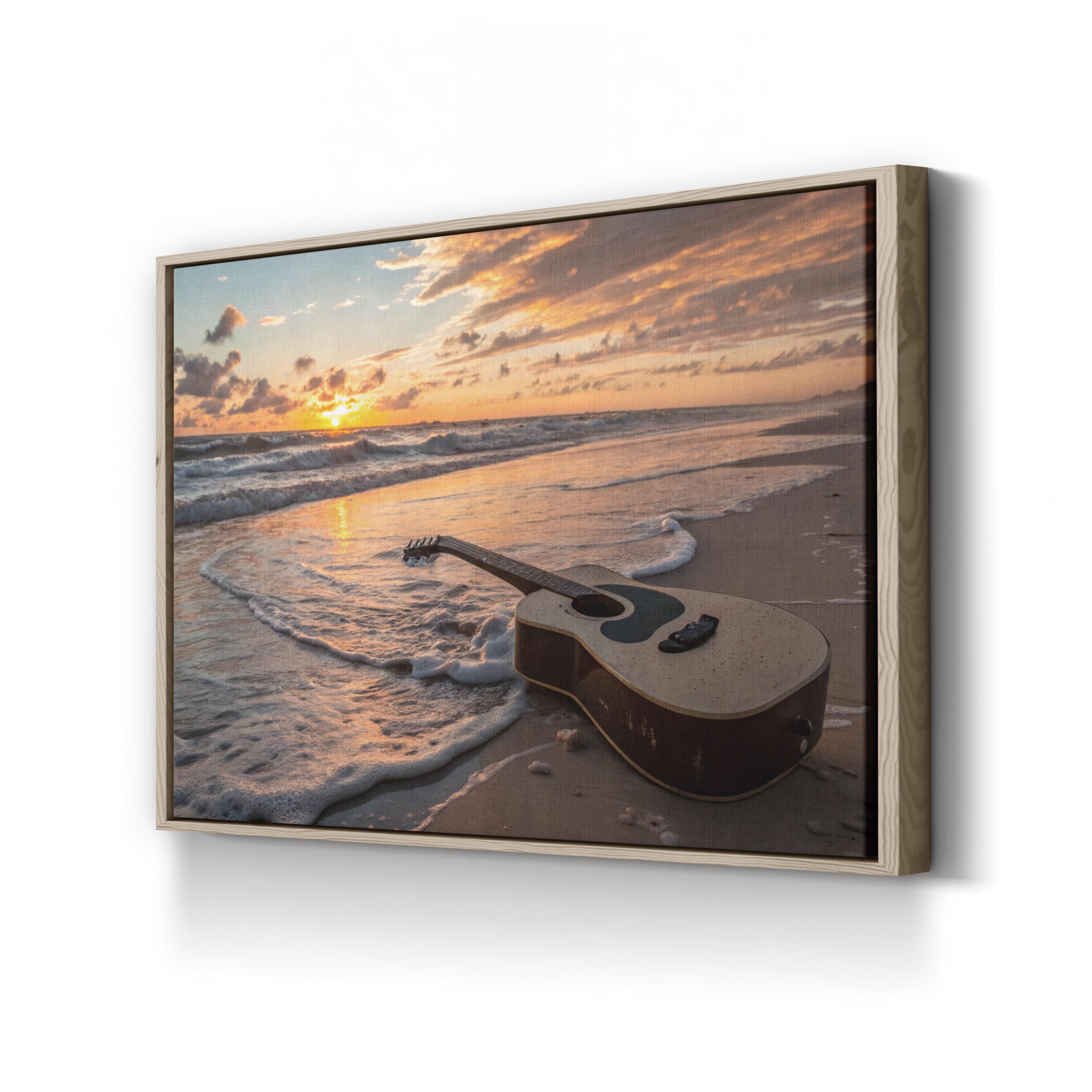 Sunset Guitar Wall Art | Ocean Beach Landscape Canvas Print