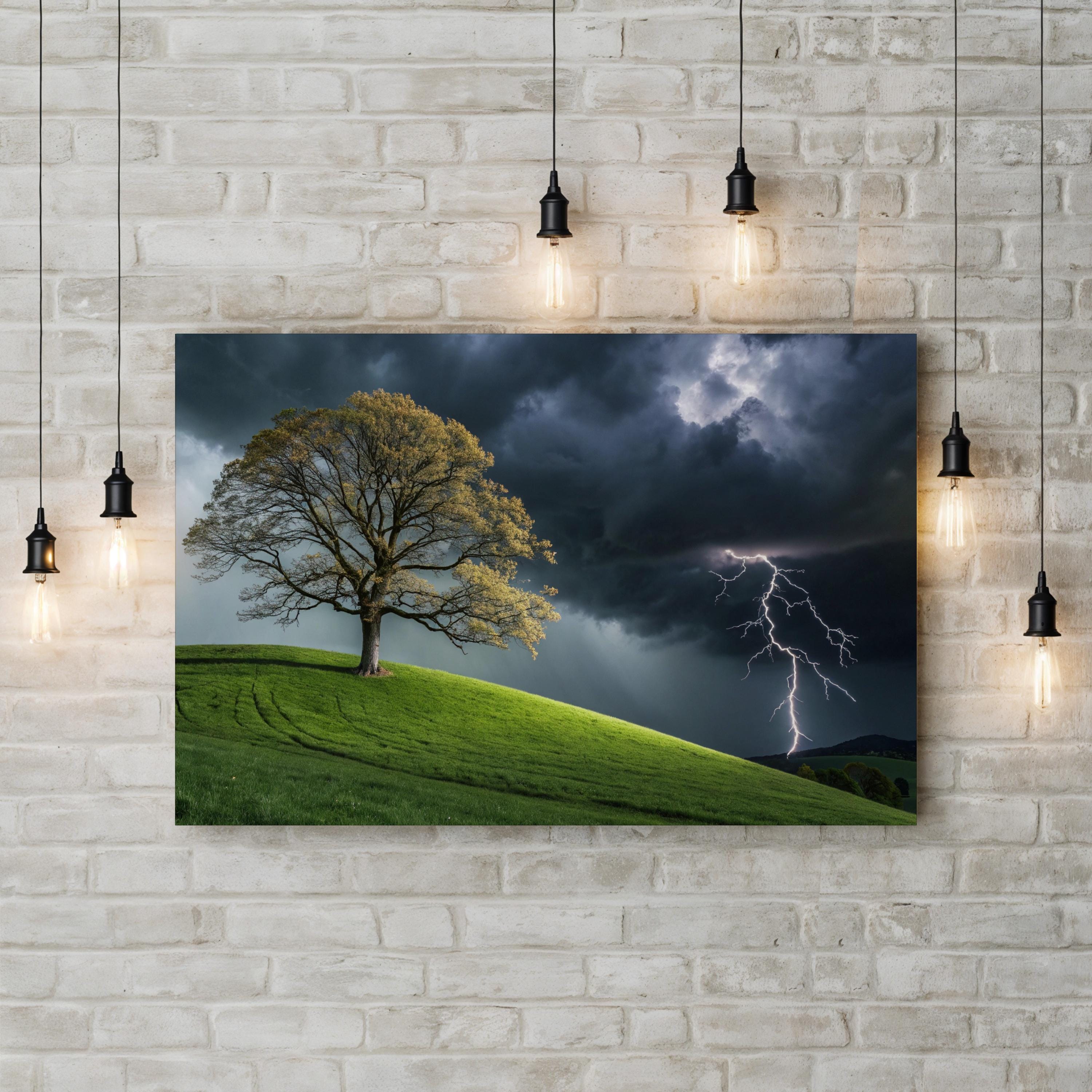 Solitary Tree Lightning Storm – Vintage Photography Wall Art | Dramatic Landscape Canvas Print
