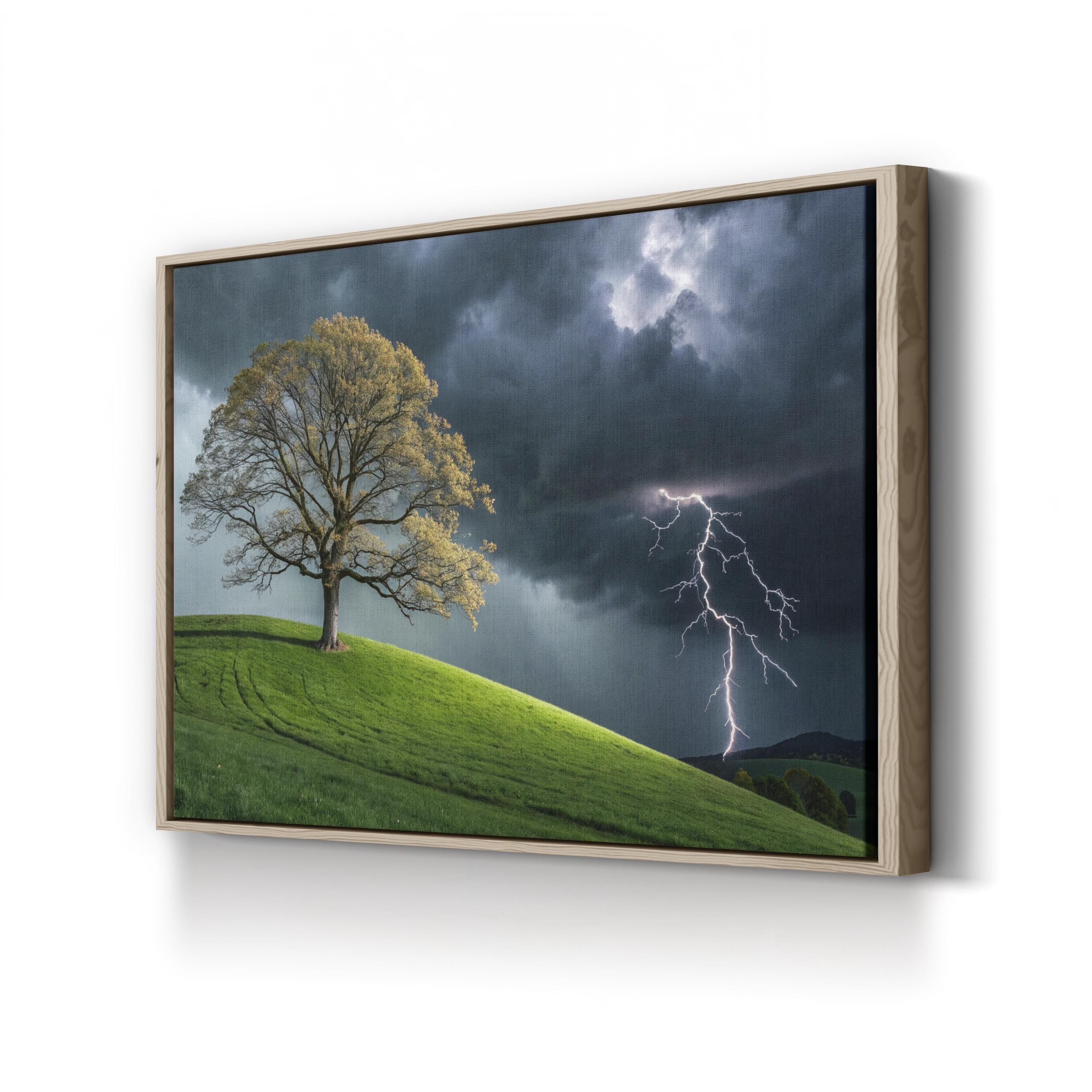 Solitary Tree Lightning Storm – Vintage Photography Wall Art | Dramatic Landscape Canvas Print