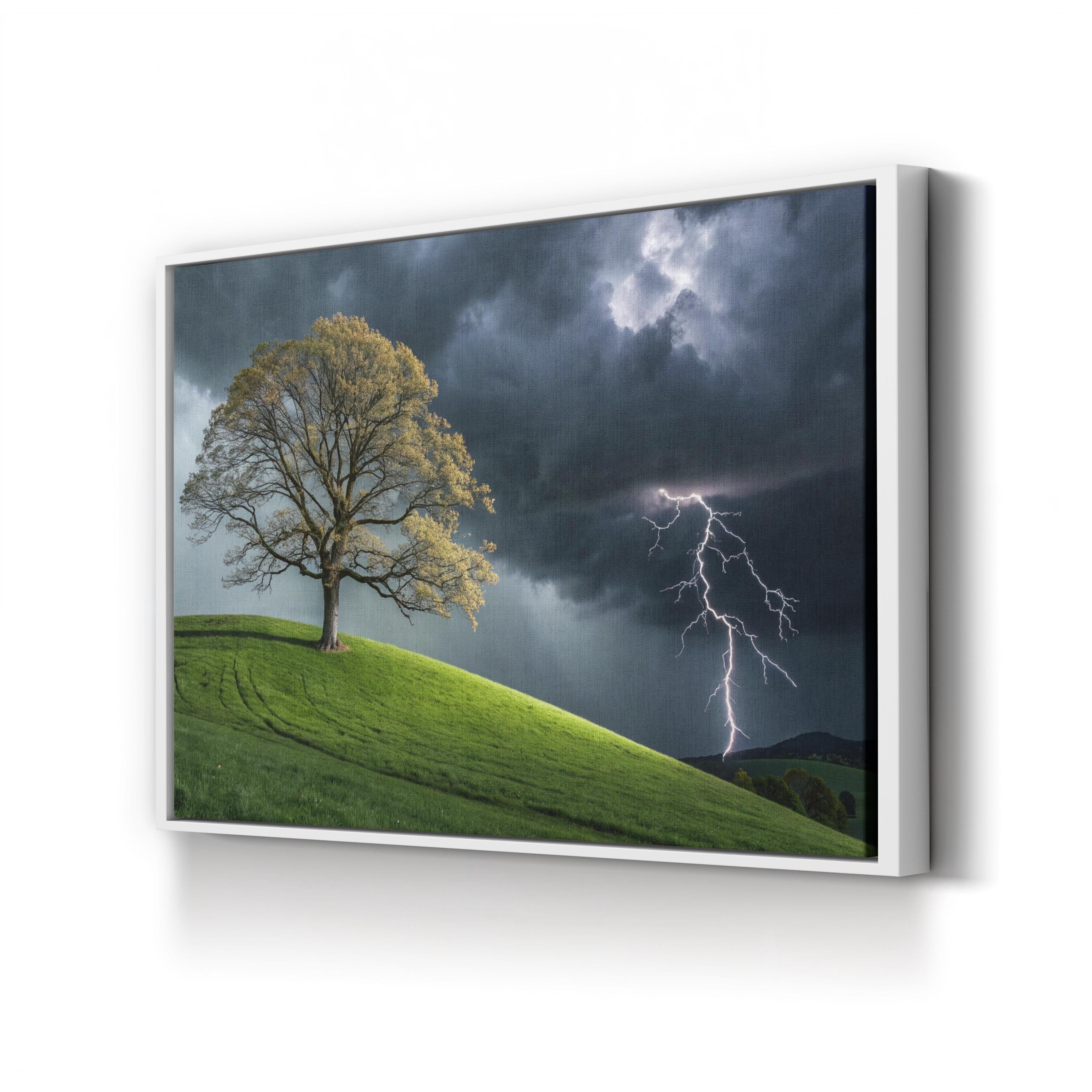 Solitary Tree Lightning Storm – Vintage Photography Wall Art | Dramatic Landscape Canvas Print