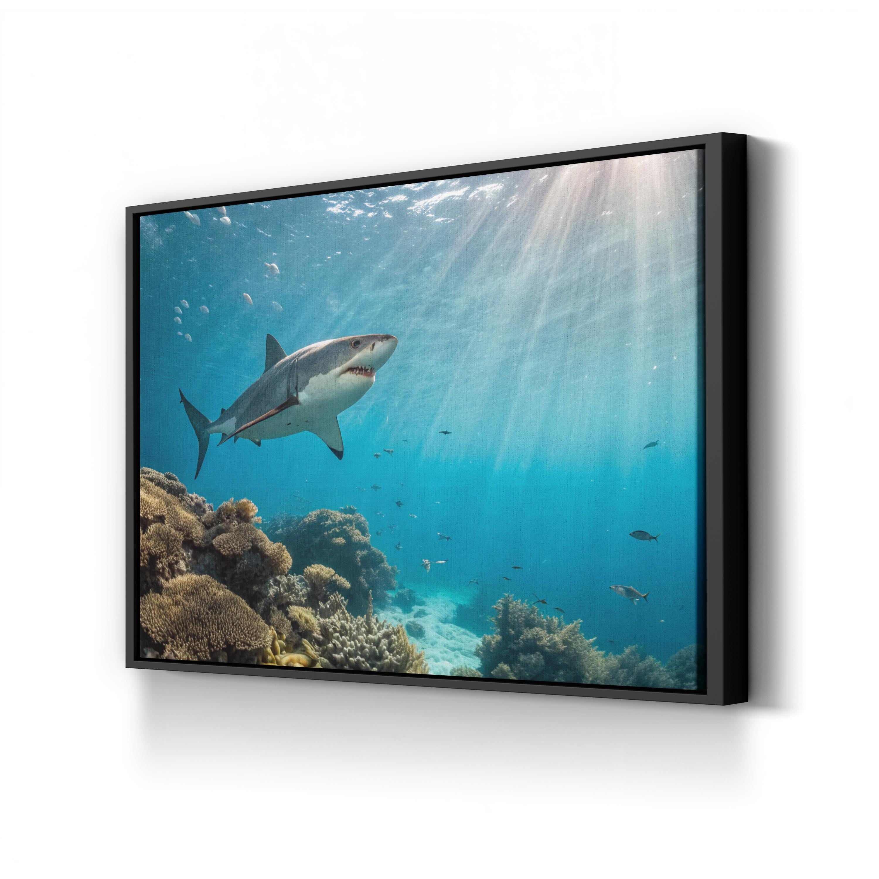 Underwater Terror, Coral Reef — Great White Shark Ocean Wildlife Canvas Wall Art
