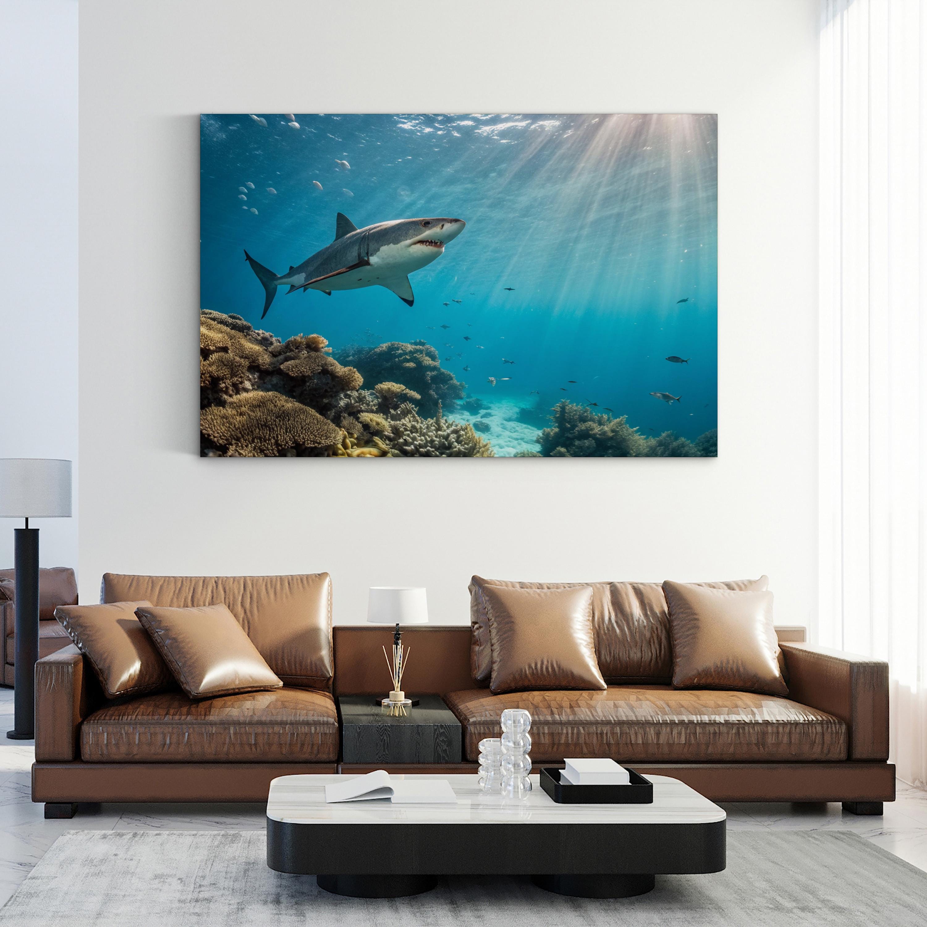 Underwater Terror, Coral Reef — Great White Shark Ocean Wildlife Canvas Wall Art