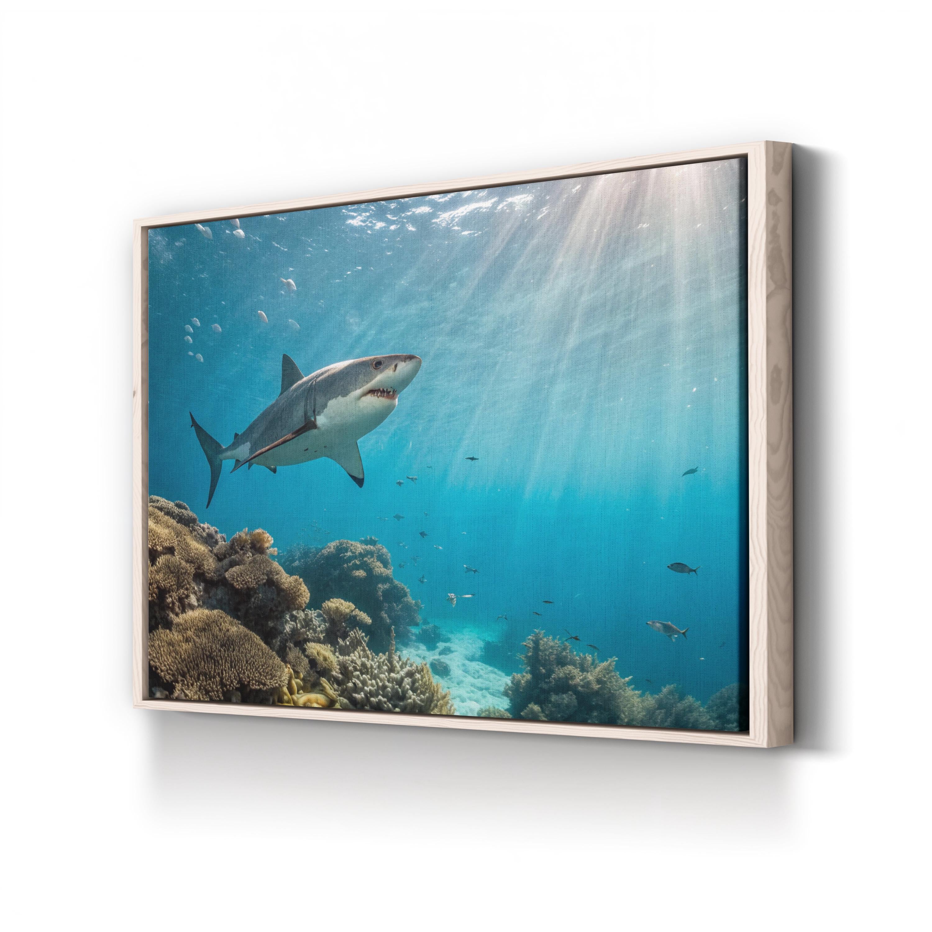 Underwater Terror, Coral Reef — Great White Shark Ocean Wildlife Canvas Wall Art