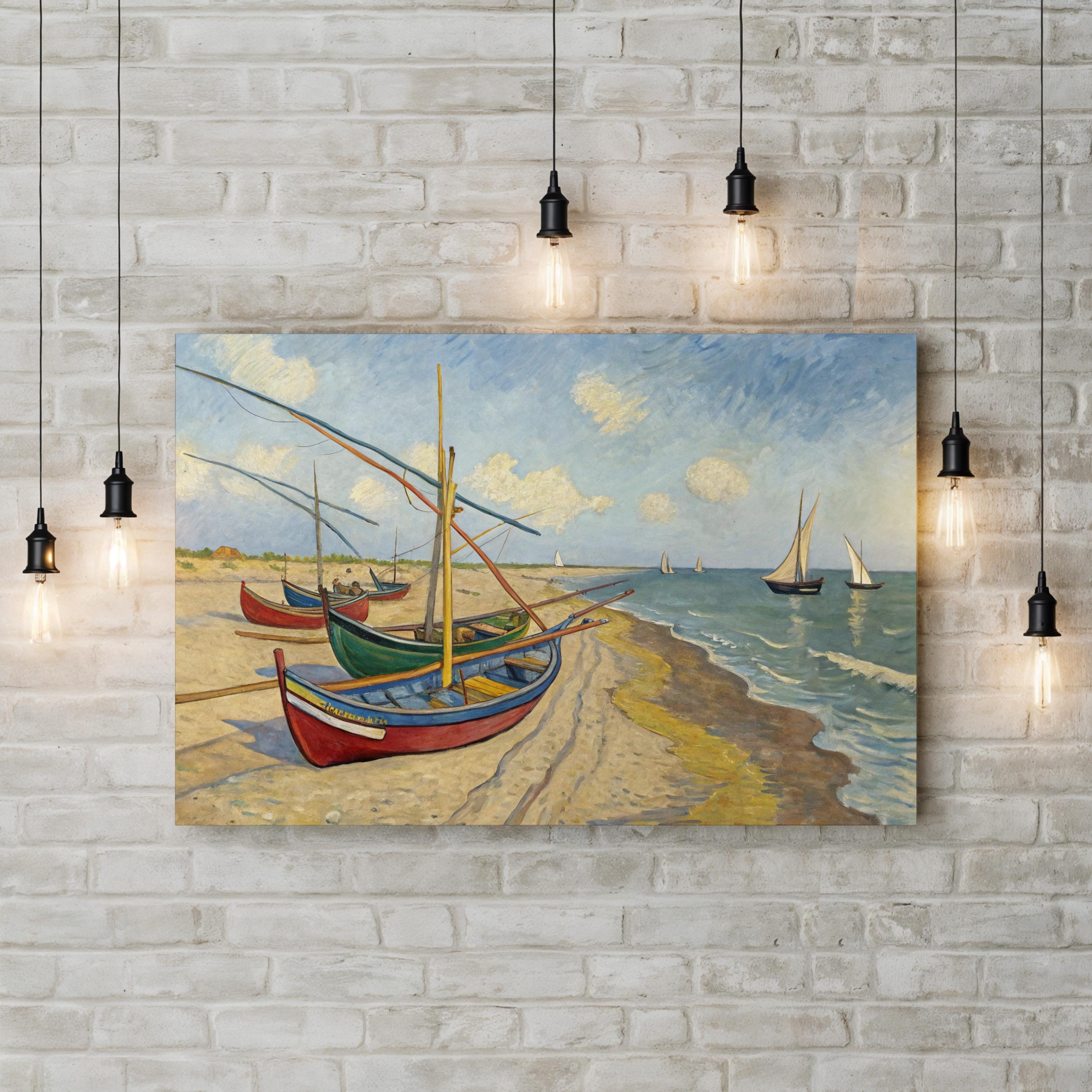 Fishing Boats on the Beach at Les Saintes-Maries-de-la-Mer by Vincent van Gogh canvas print displayed on a wall with string lights