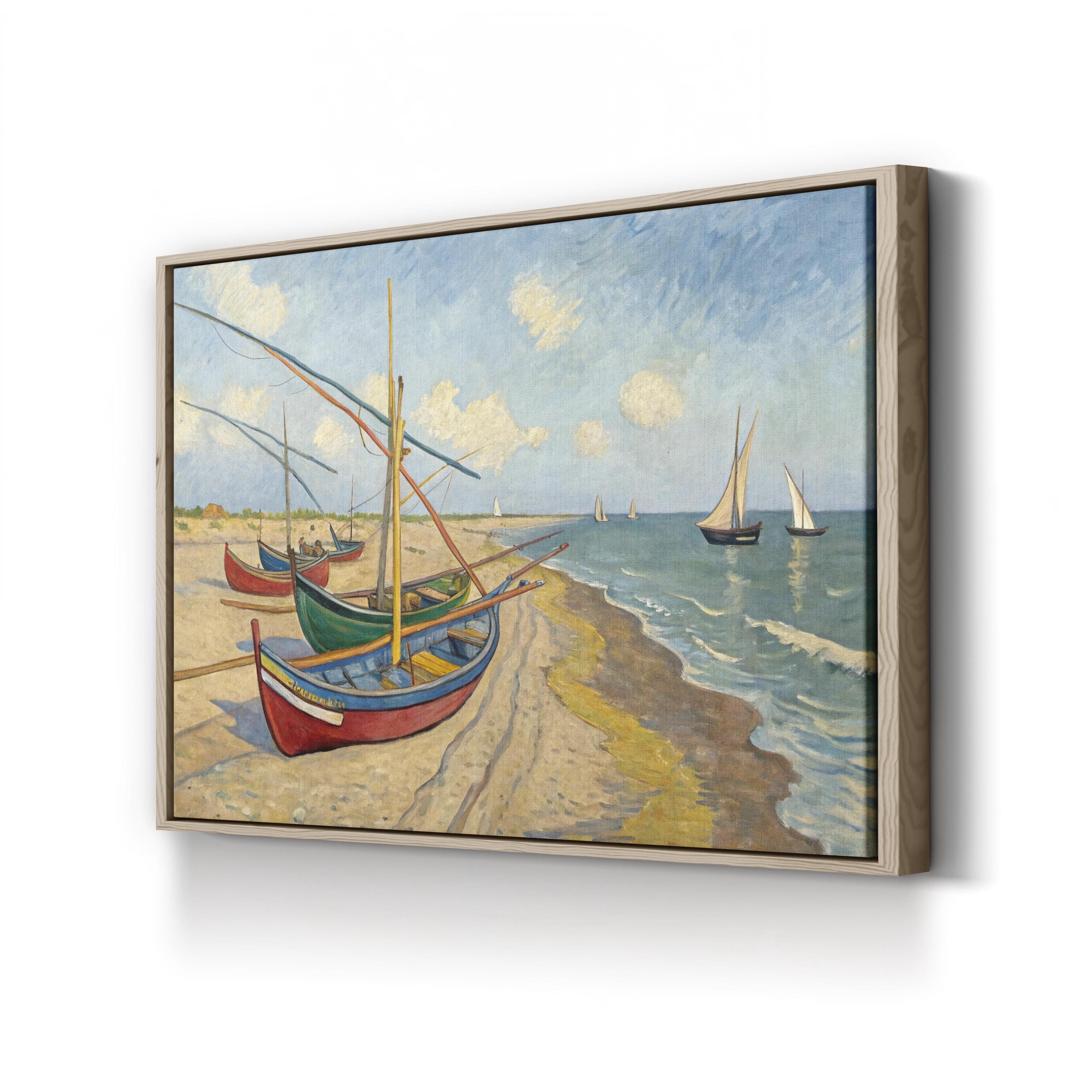 Fishing Boats on the Beach at Les Saintes-Maries-de-la-Mer by Vincent van Gogh canvas print, natural wood frame