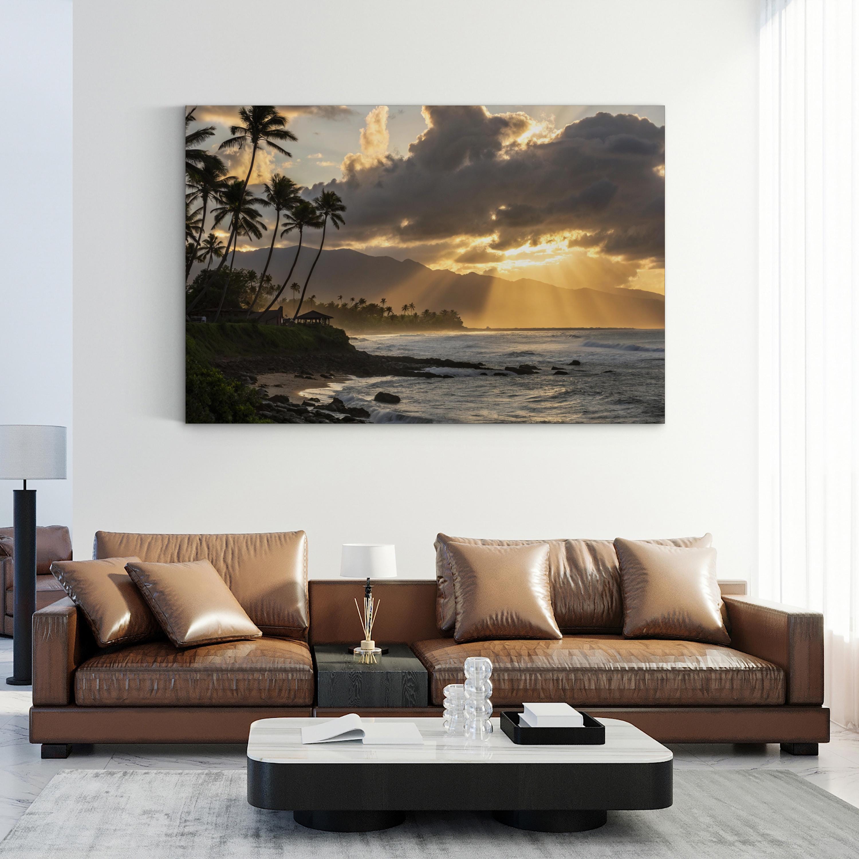 Tropical Sunset Beach, Caribbean Coast, Caribbean Sea — Golden Palm Trees Ocean Canvas Wall Art