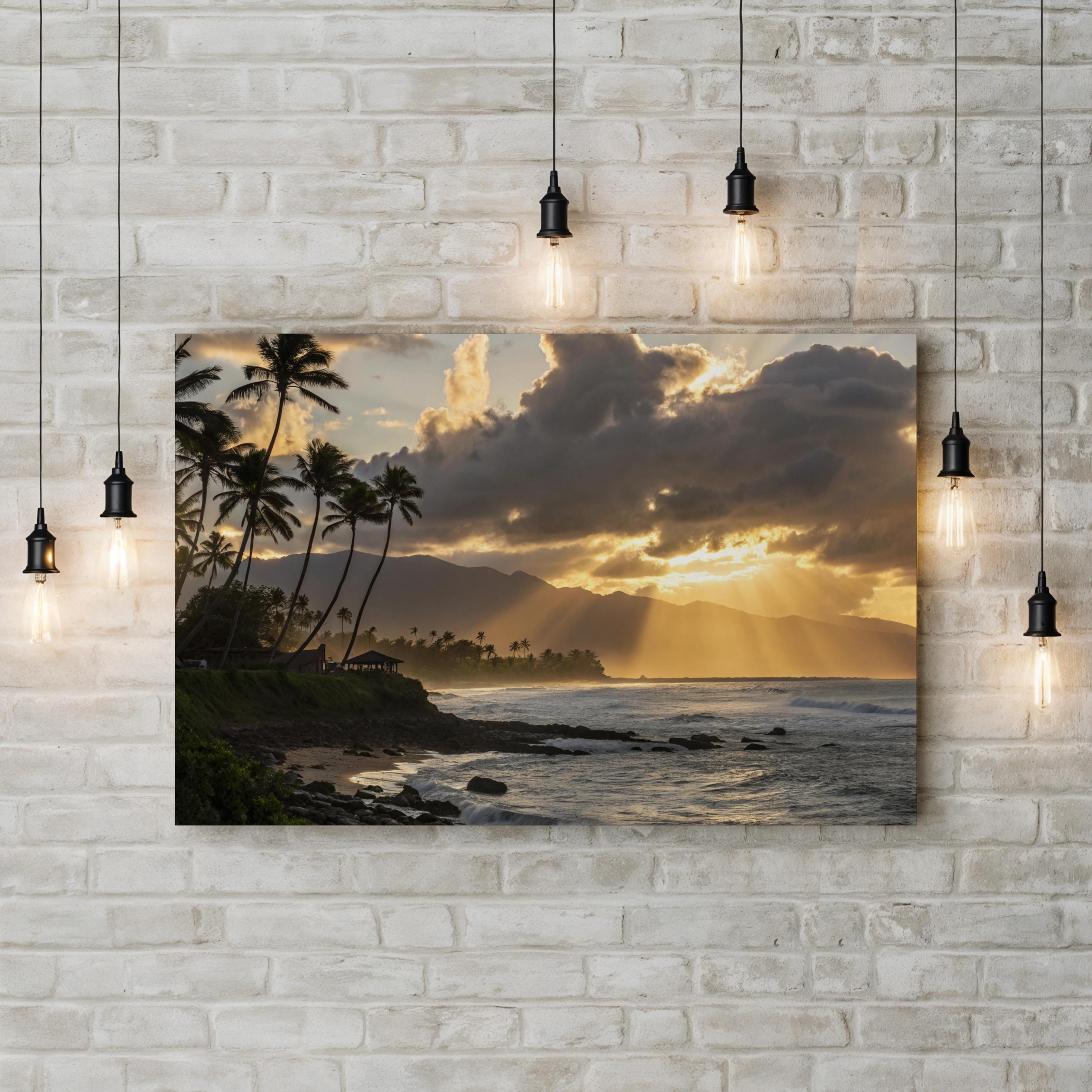 Tropical Sunset Beach, Caribbean Coast, Caribbean Sea — Golden Palm Trees Ocean Canvas Wall Art