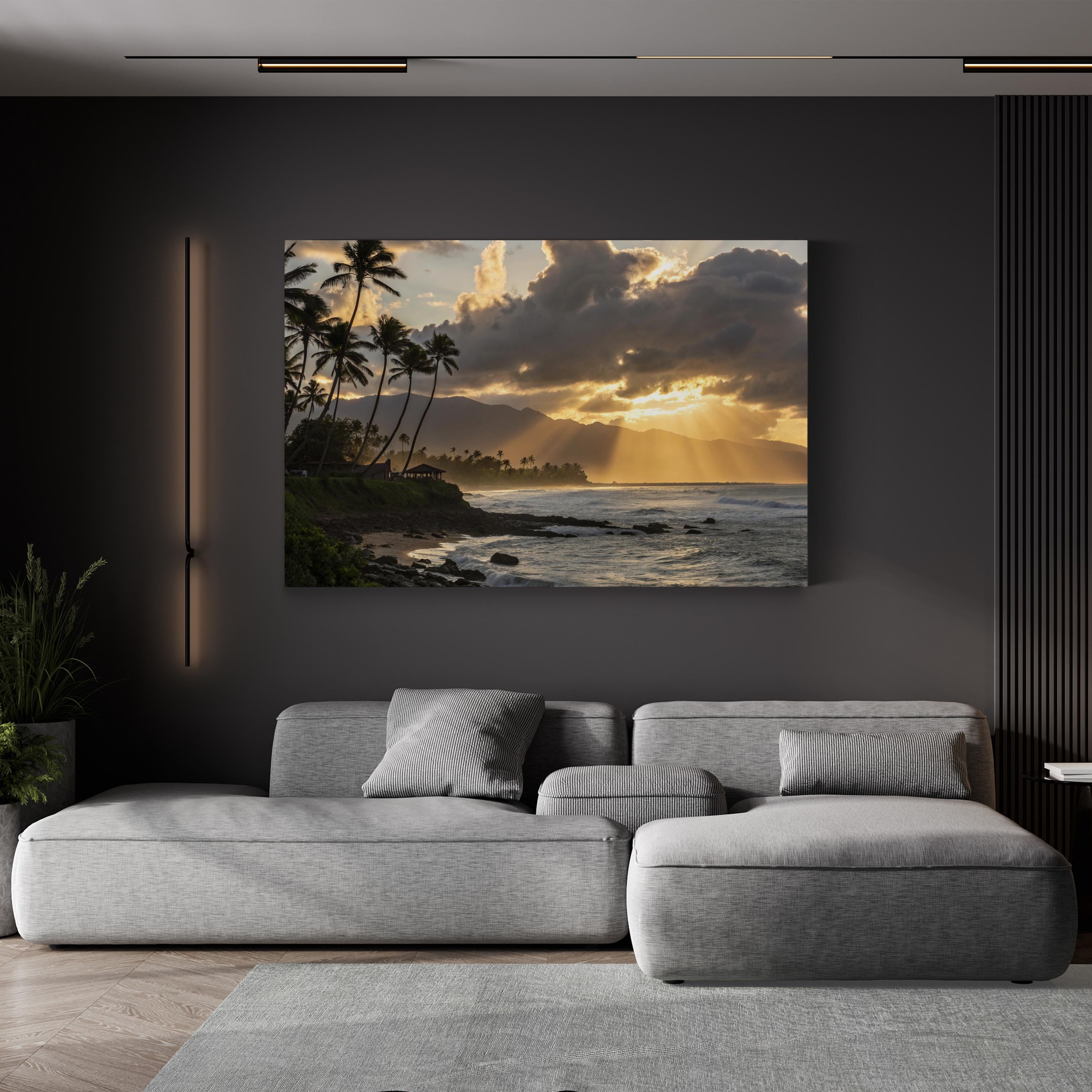 Tropical Sunset Beach, Caribbean Coast, Caribbean Sea — Golden Palm Trees Ocean Canvas Wall Art