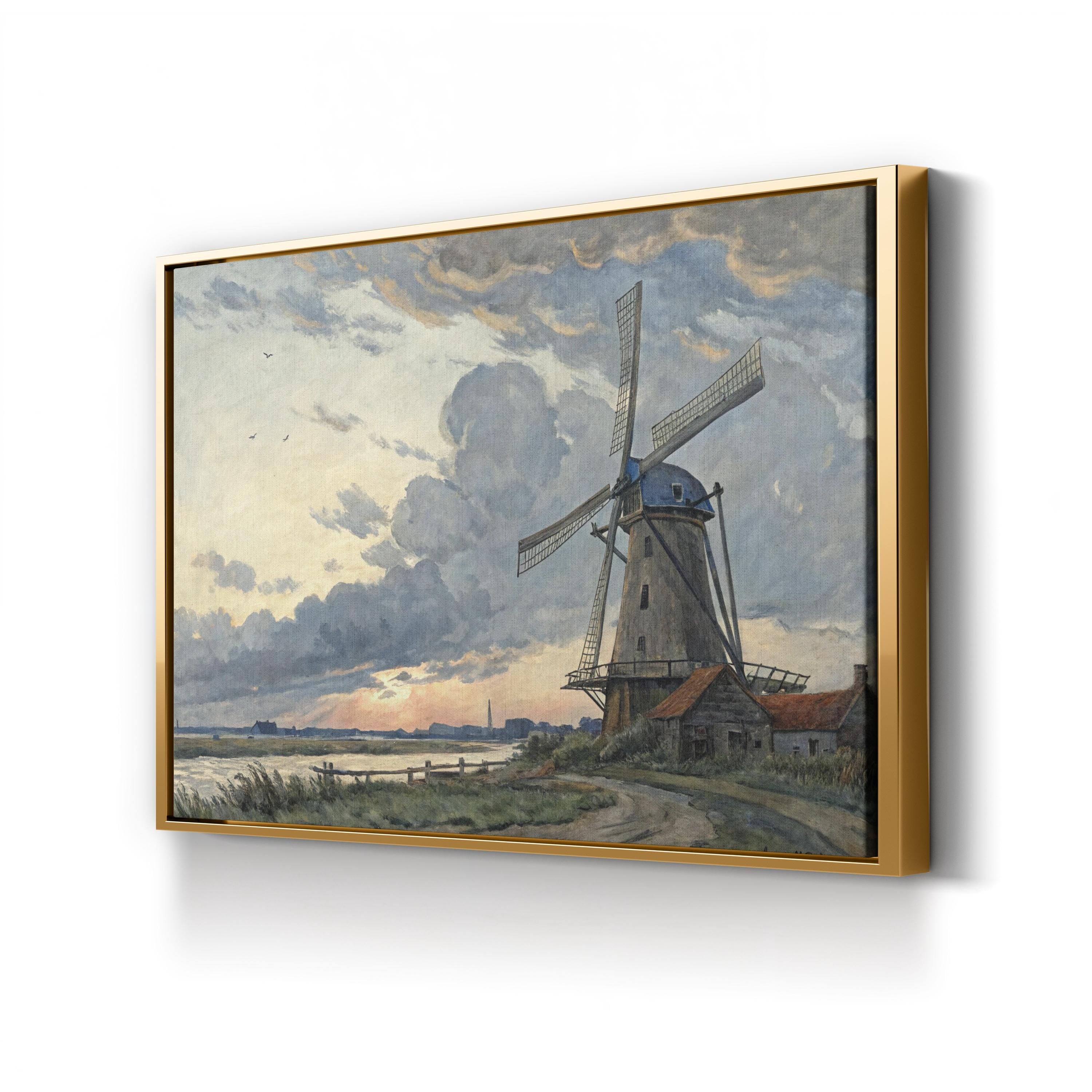 Vintage Windmill Countryside – Period Illustration Wall Art | Rustic Landscape Canvas Print