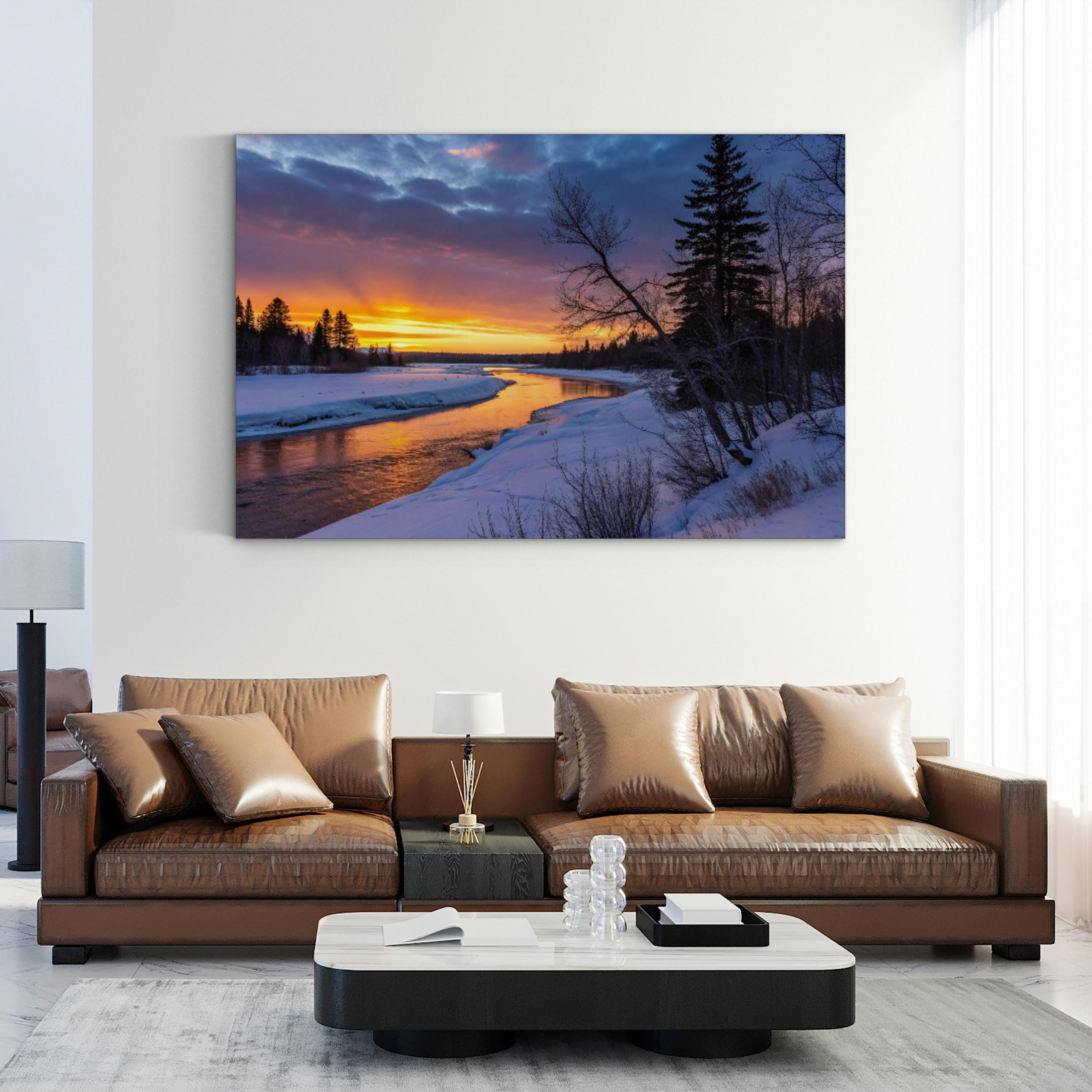 Winter Twilight River – Vintage Photography Wall Art | Snowy Landscape Canvas Print