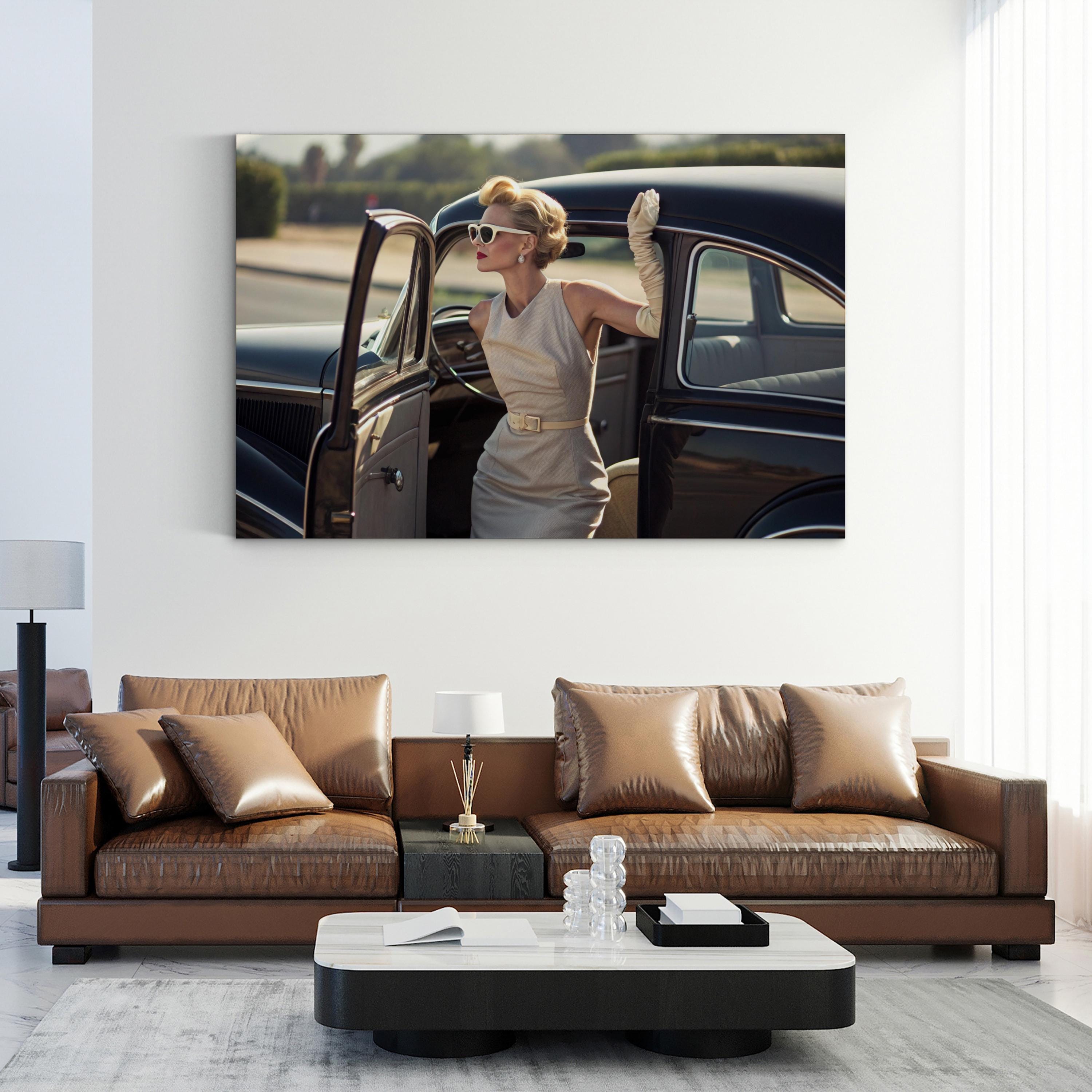 1950s Retro Car with Elegant Woman – Period Illustration Wall Art | Vintage Automotive Canvas Print