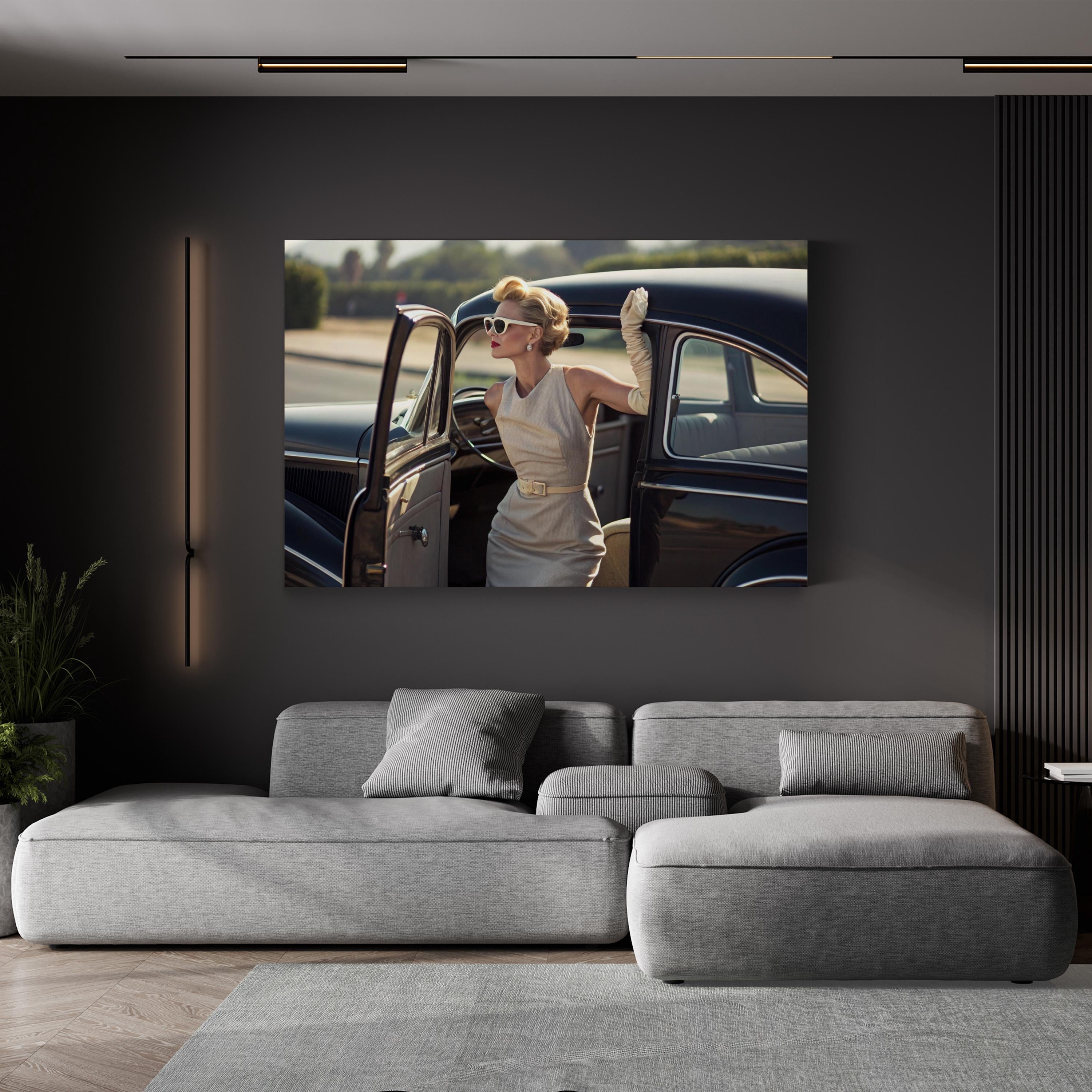 1950s Retro Car with Elegant Woman – Period Illustration Wall Art | Vintage Automotive Canvas Print
