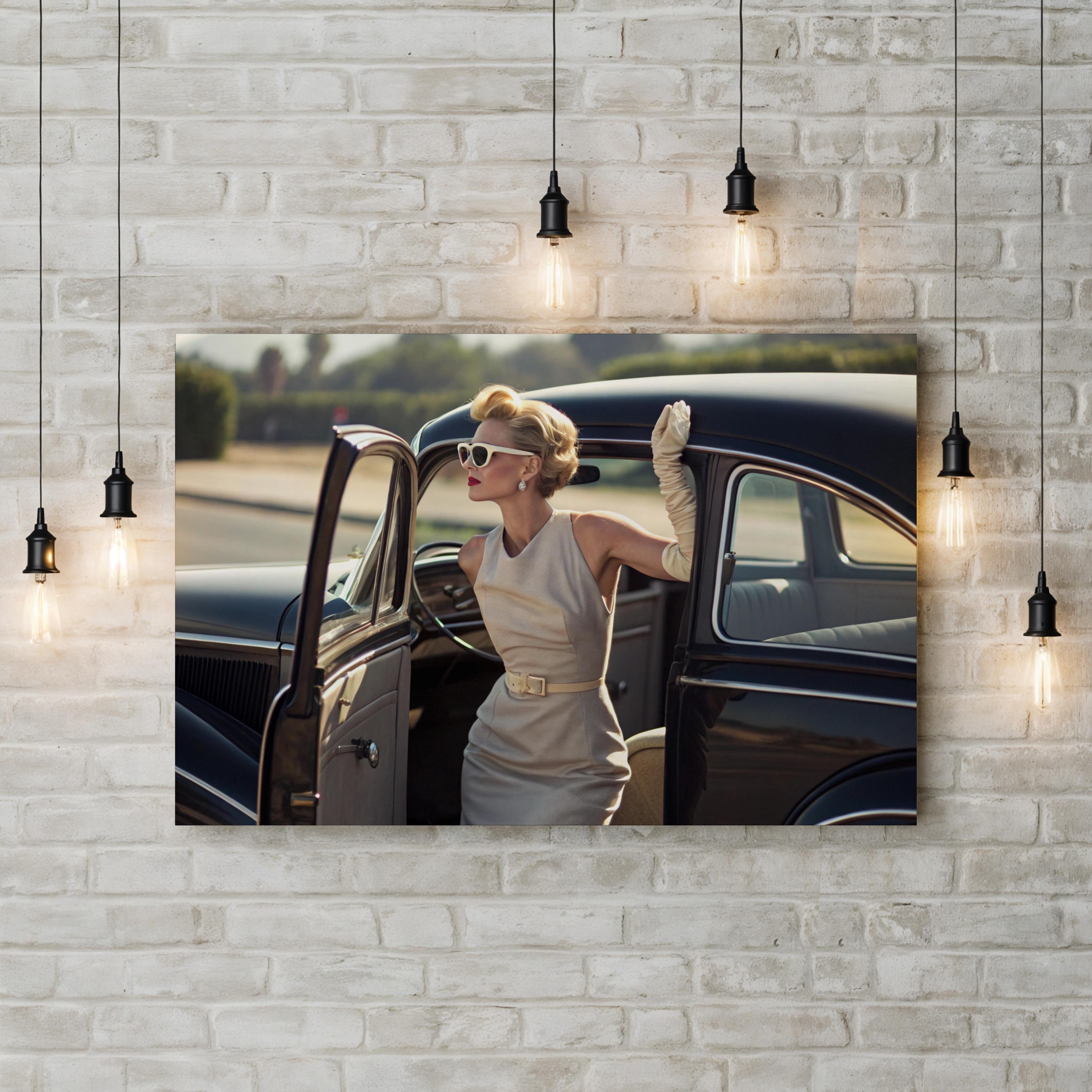 1950s Retro Car with Elegant Woman – Period Illustration Wall Art | Vintage Automotive Canvas Print