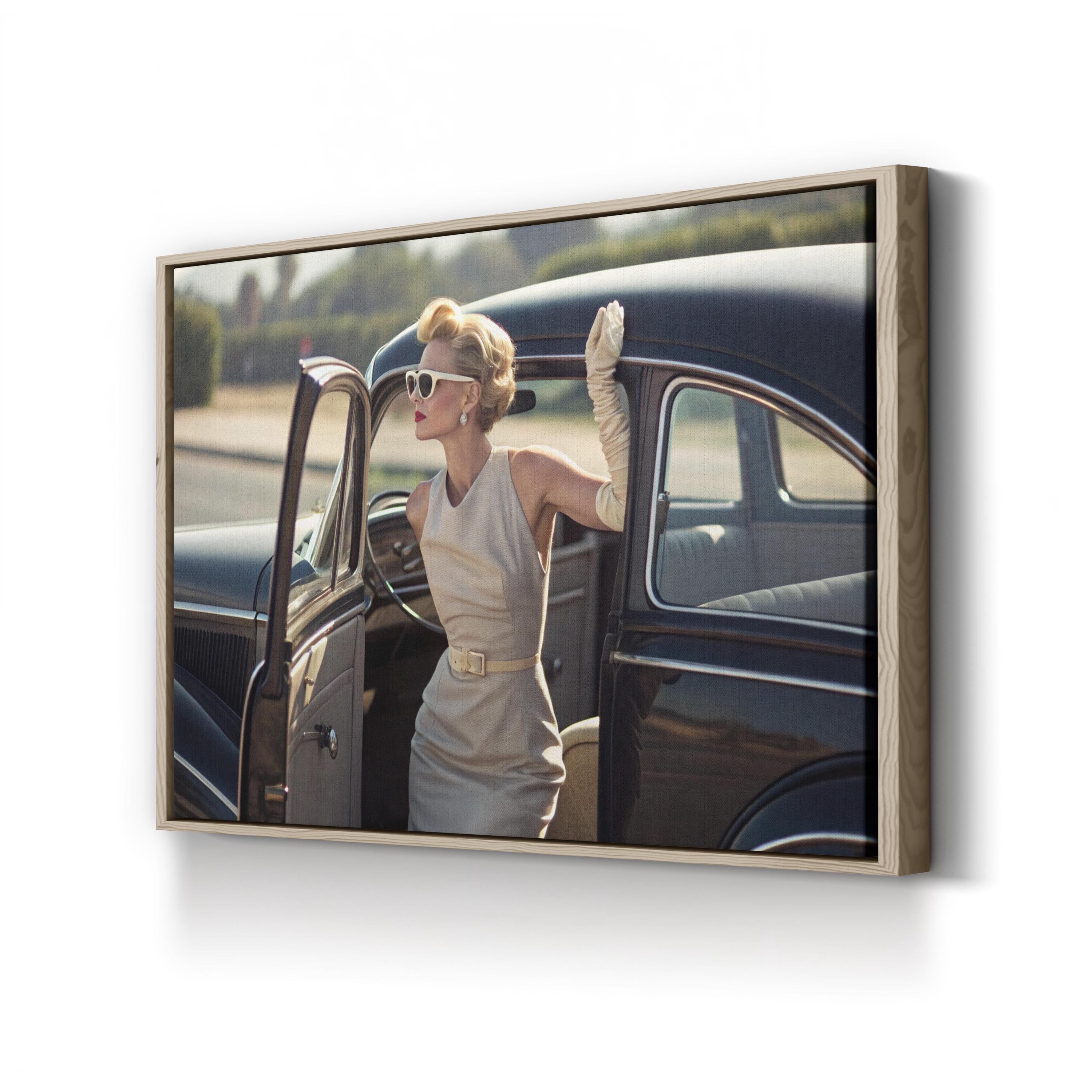 1950s Retro Car with Elegant Woman – Period Illustration Wall Art | Vintage Automotive Canvas Print