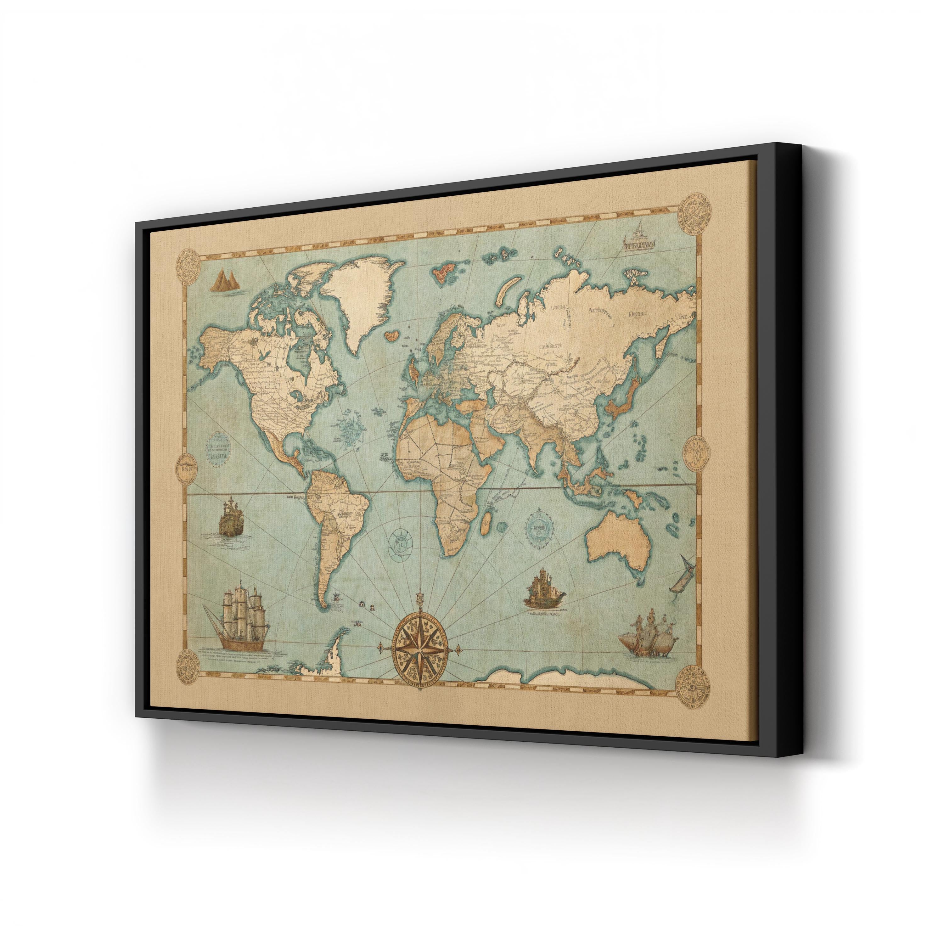 Vintage World Map with Nautical Compass – Historical Map Wall Art | Antique Cartography Canvas Print