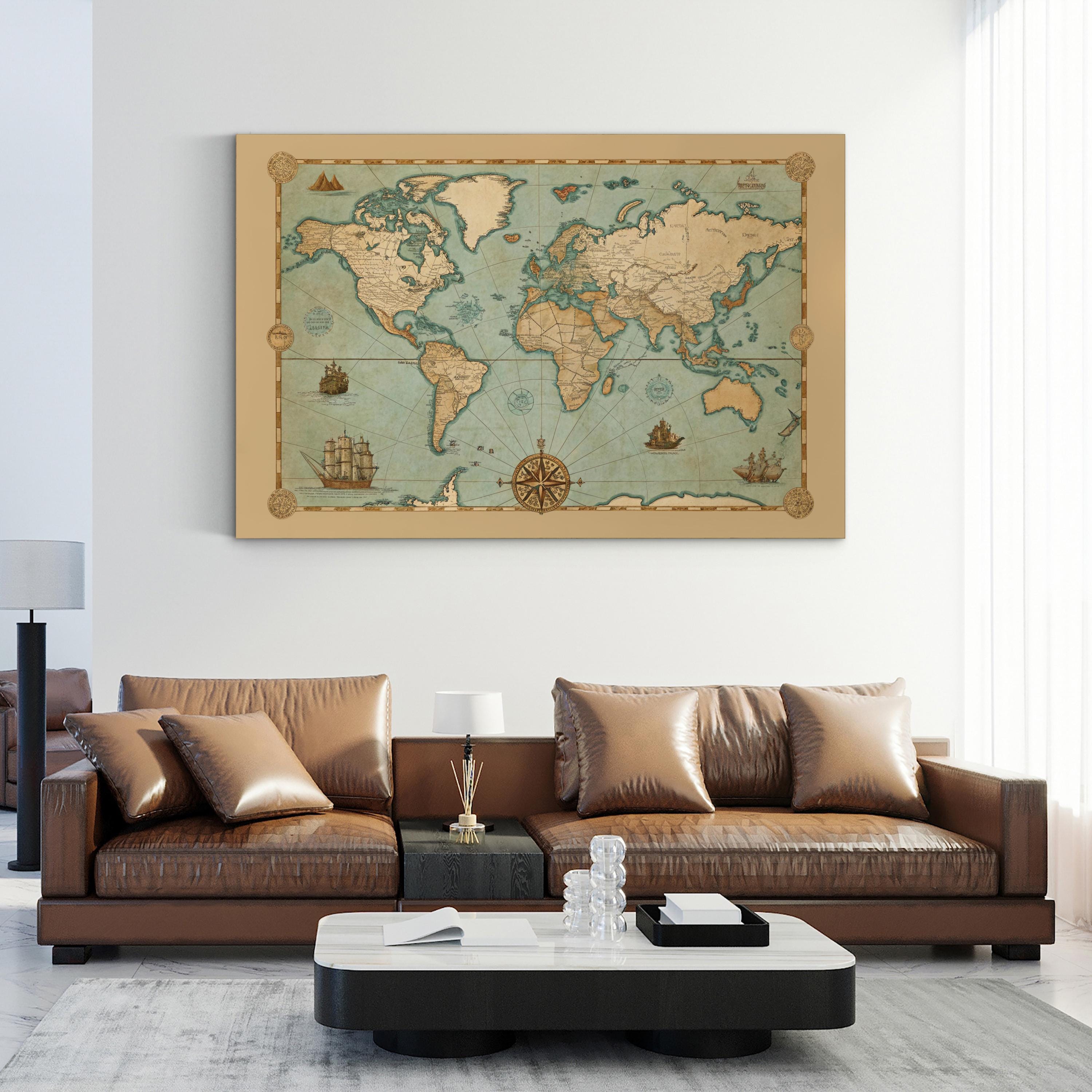 Vintage World Map with Nautical Compass – Historical Map Wall Art | Antique Cartography Canvas Print