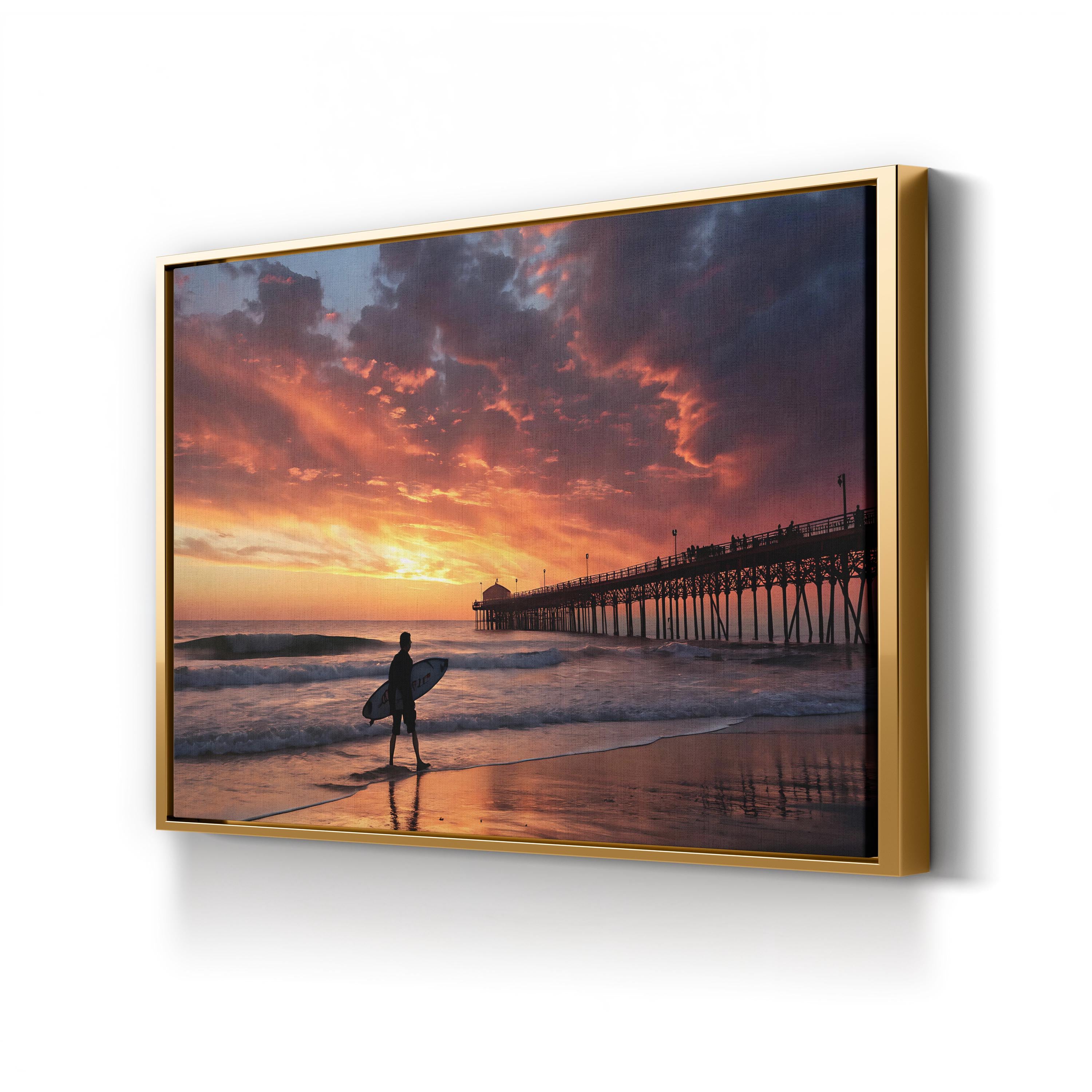 Surfer Sunset Beach Pier – Vintage Photography Wall Art | Coastal Canvas Print