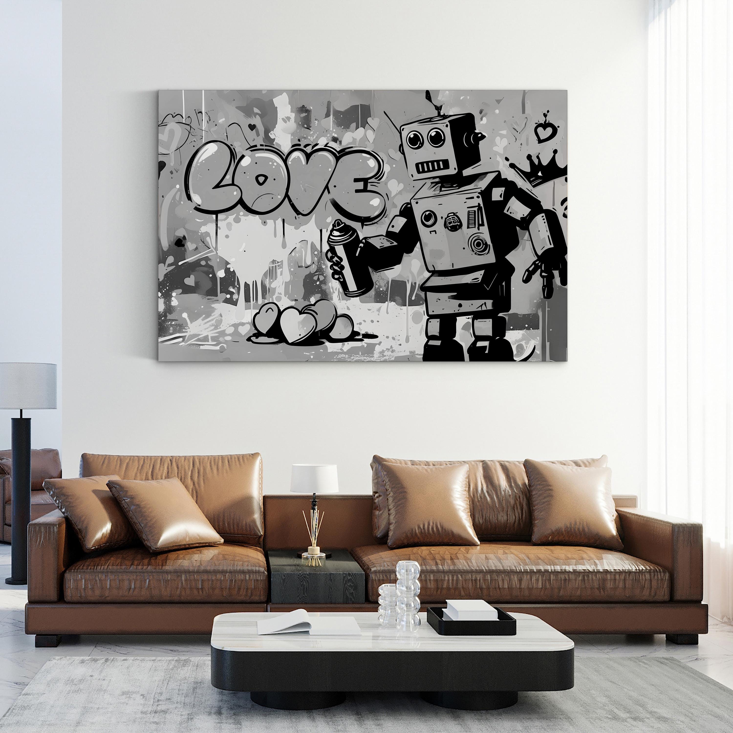 Banksy Warhol Robot Graffiti – Period Illustration Wall Art | Urban Street Canvas Print