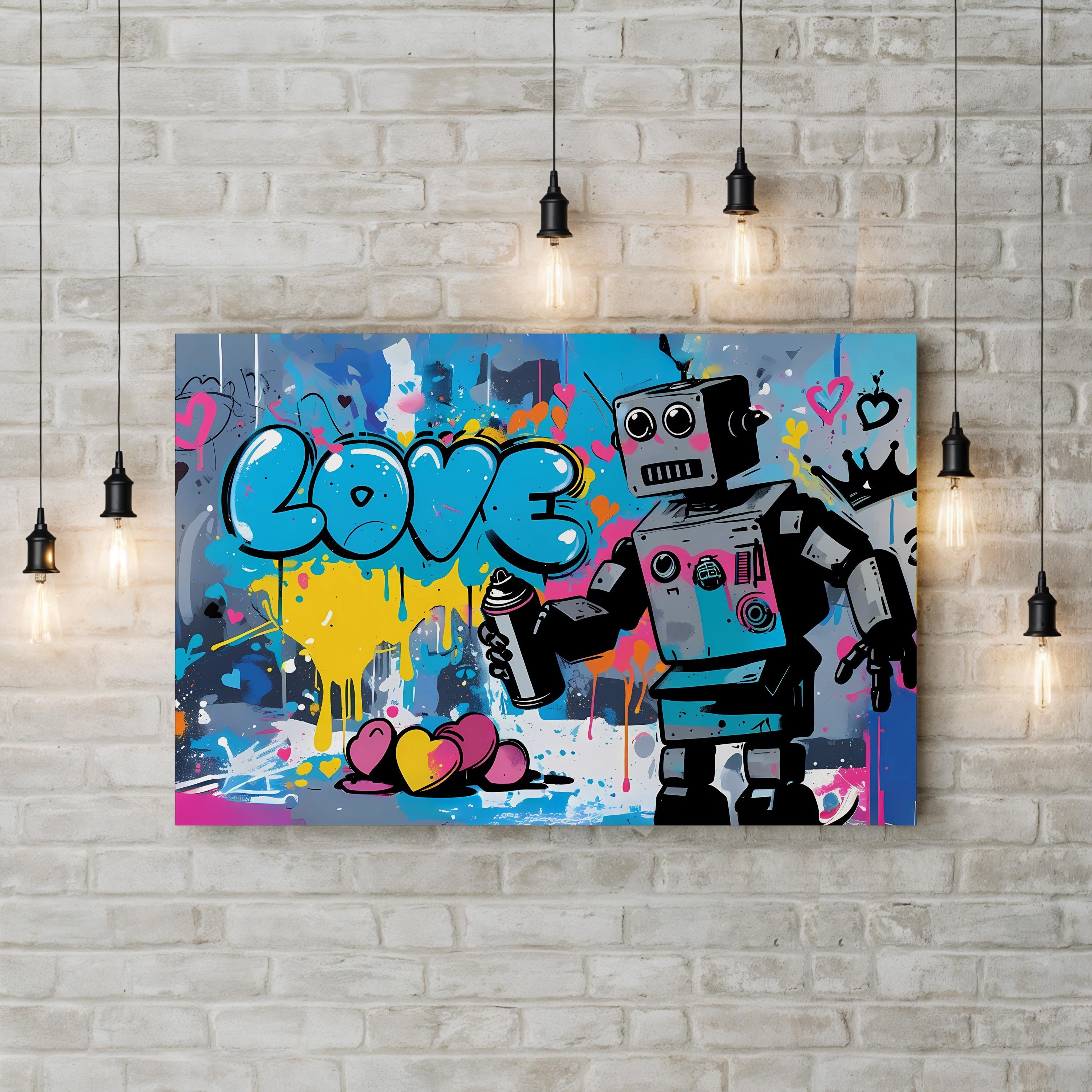 Banksy Warhol Robot Pop Style – Period Illustration Wall Art | Colorful Street Canvas Print