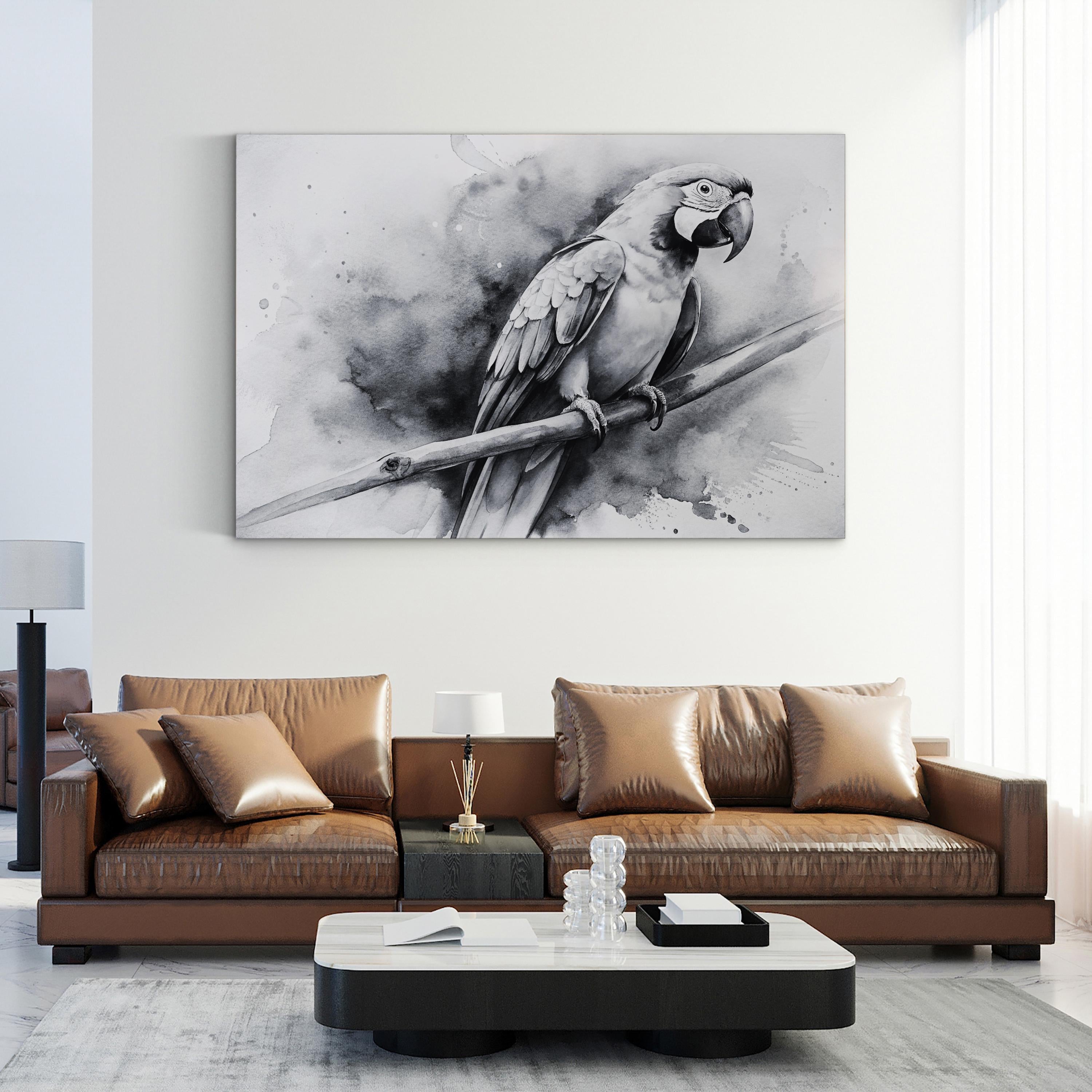 Black & White Macaw Parrot – Period Illustration Wall Art | Minimalist Watercolor Canvas Print
