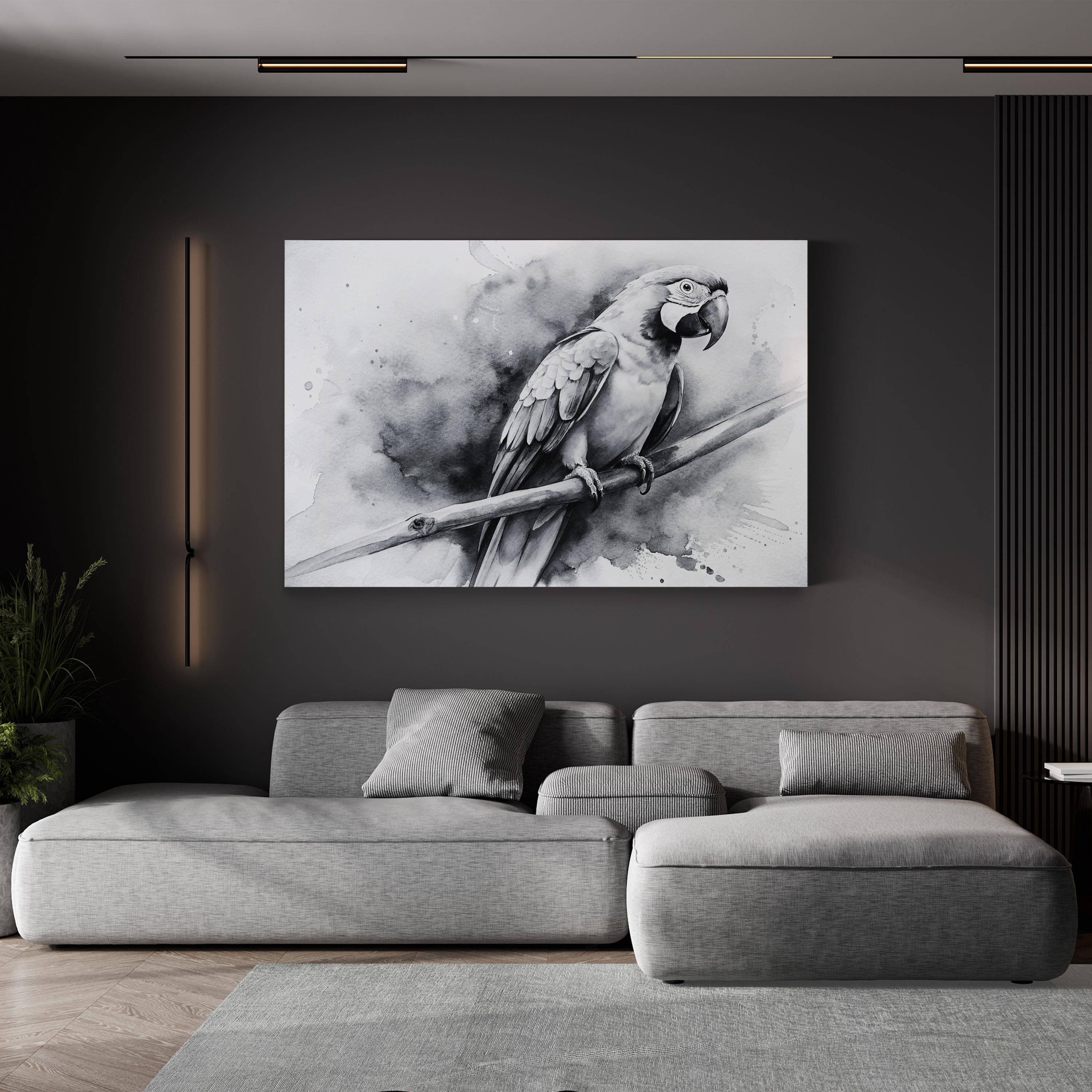 Black & White Macaw Parrot – Period Illustration Wall Art | Minimalist Watercolor Canvas Print