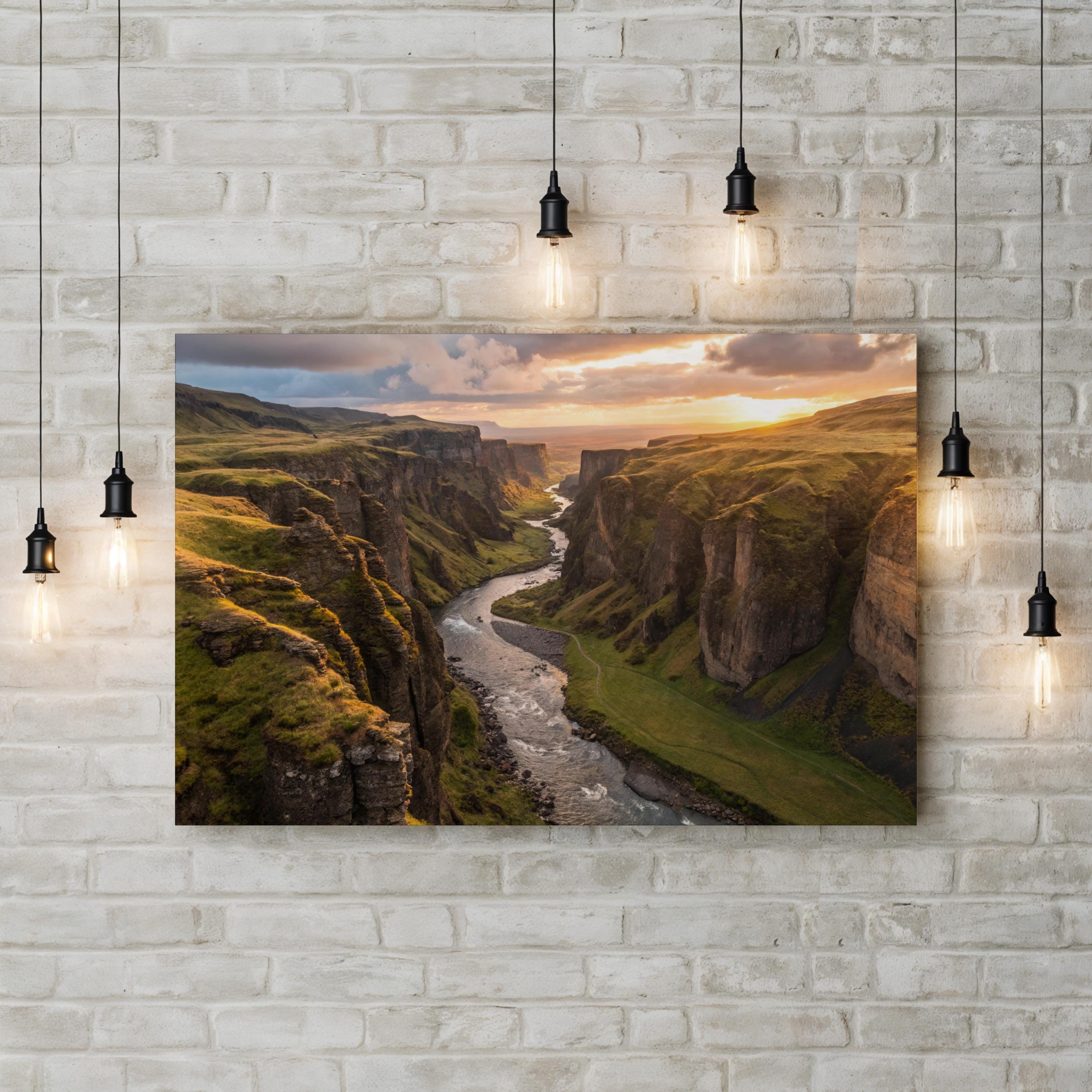 Iceland Canyon Canvas Wall Art – Scenic River Landscape