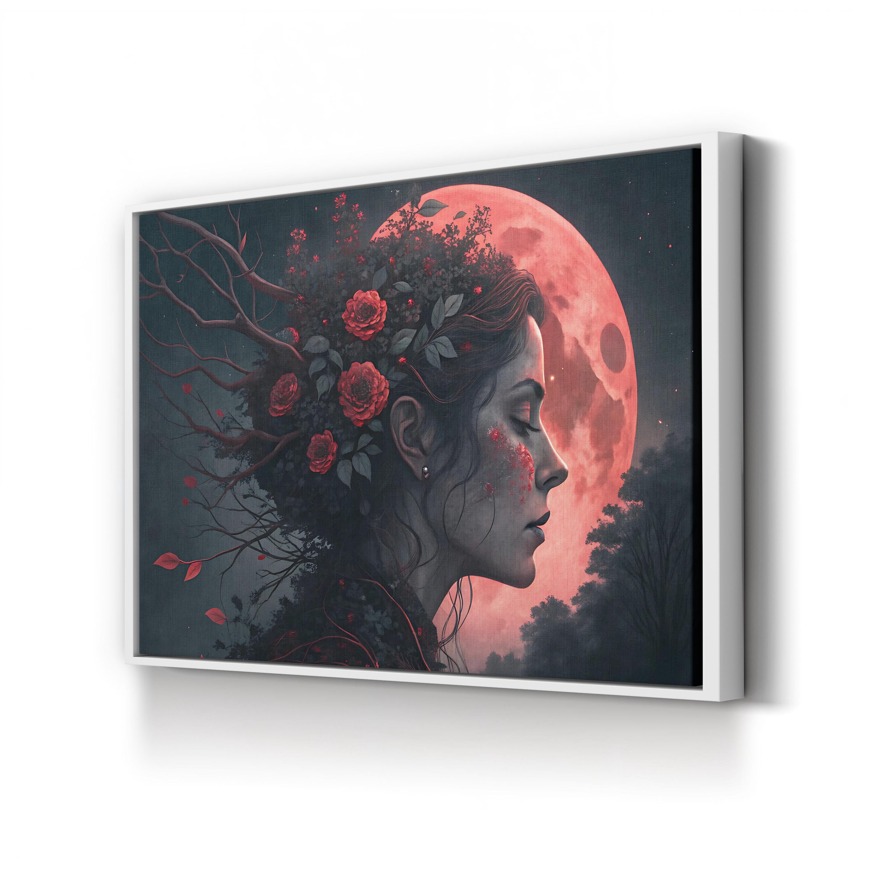 Surreal Woman Red Moon – Period Illustration Wall Art | Fantasy Portrait Canvas Print