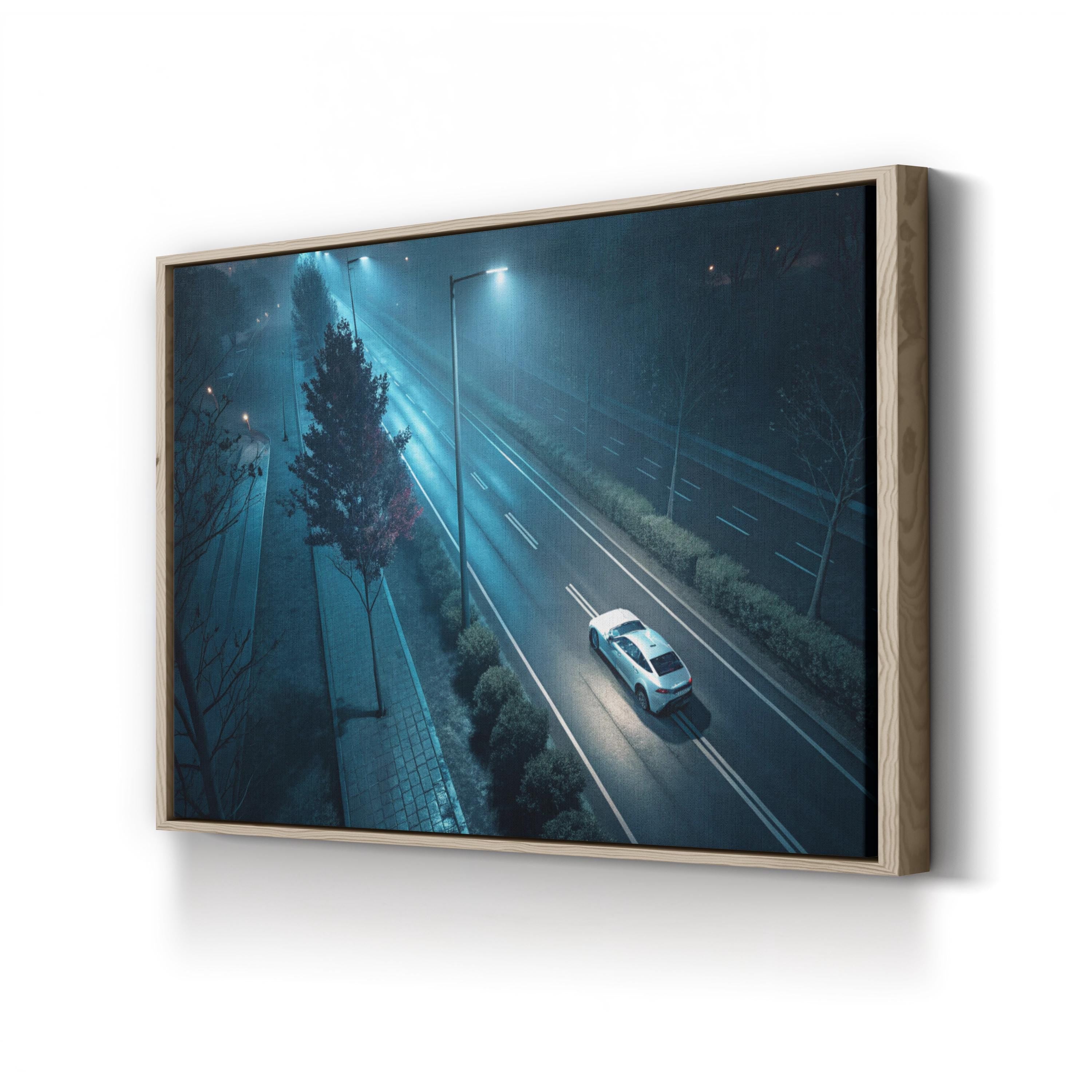 Midnight Rush Lone Car – Vintage Photography Wall Art | Cityscape Canvas Print