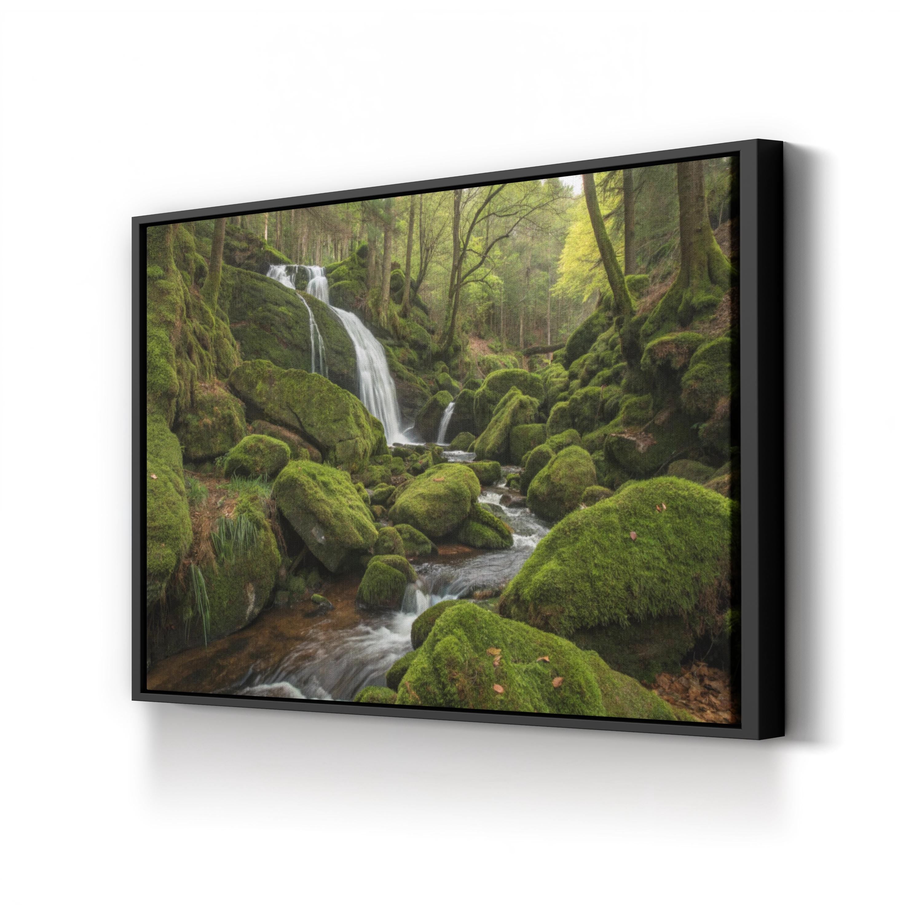 Mossy Waterfall Forest – Vintage Photography Wall Art | Lush Green Landscape Canvas Print
