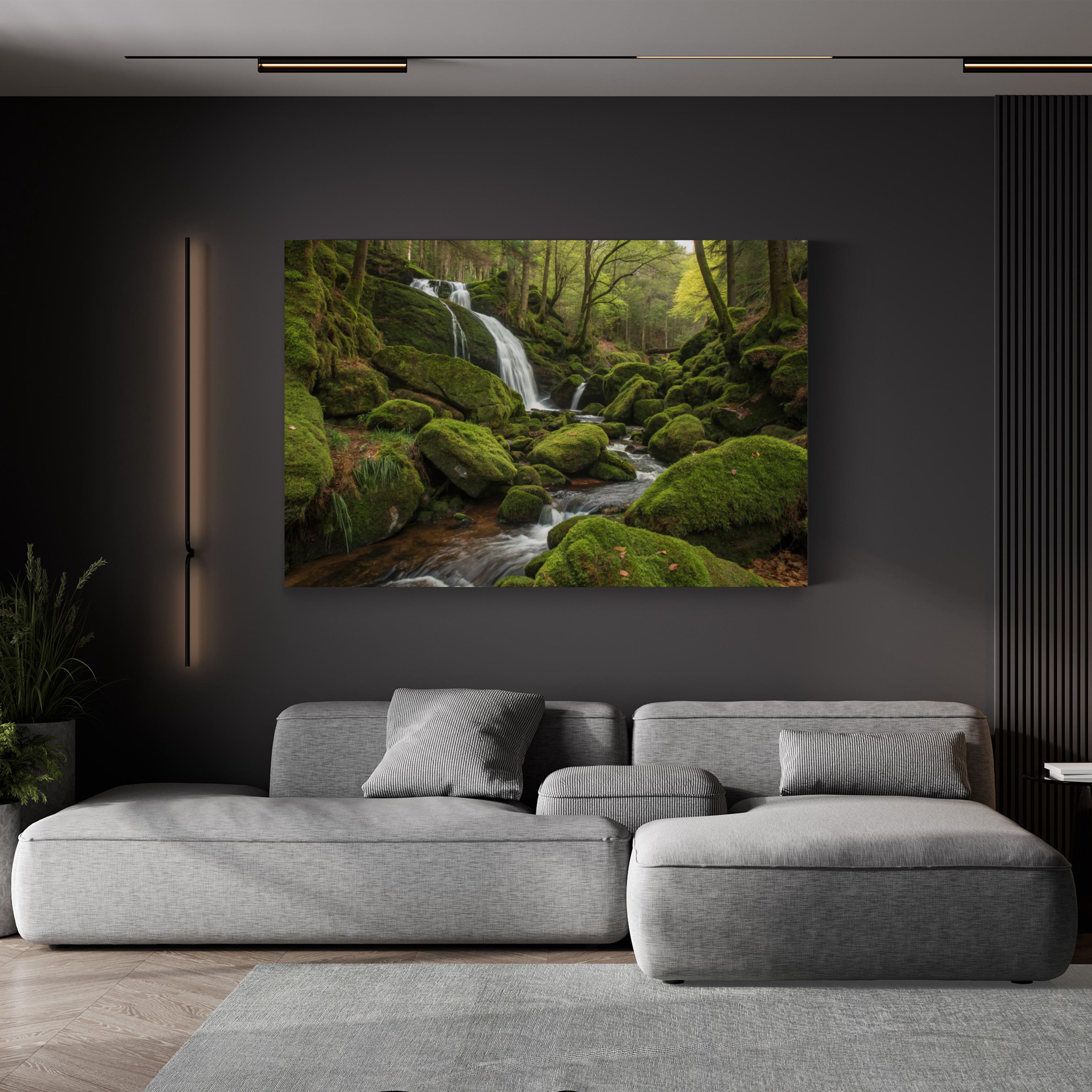 Mossy Waterfall Forest – Vintage Photography Wall Art | Lush Green Landscape Canvas Print