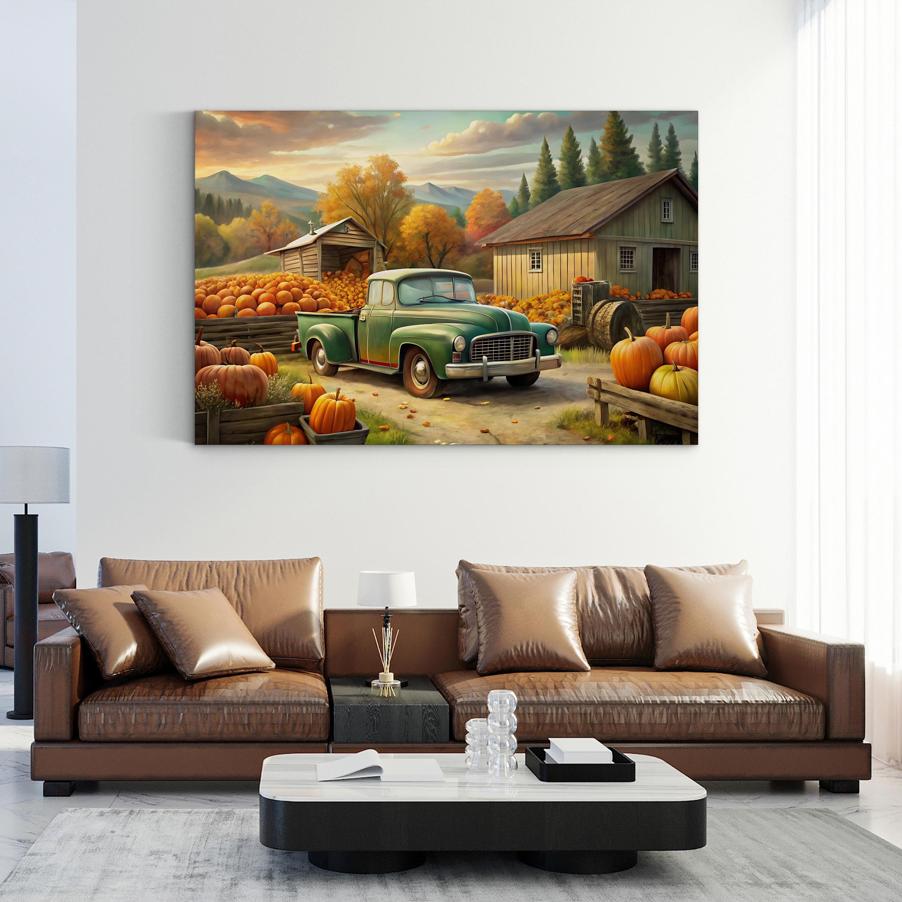 Vintage Pumpkin Truck – Period Illustration Wall Art | Autumn Farmhouse Canvas Print