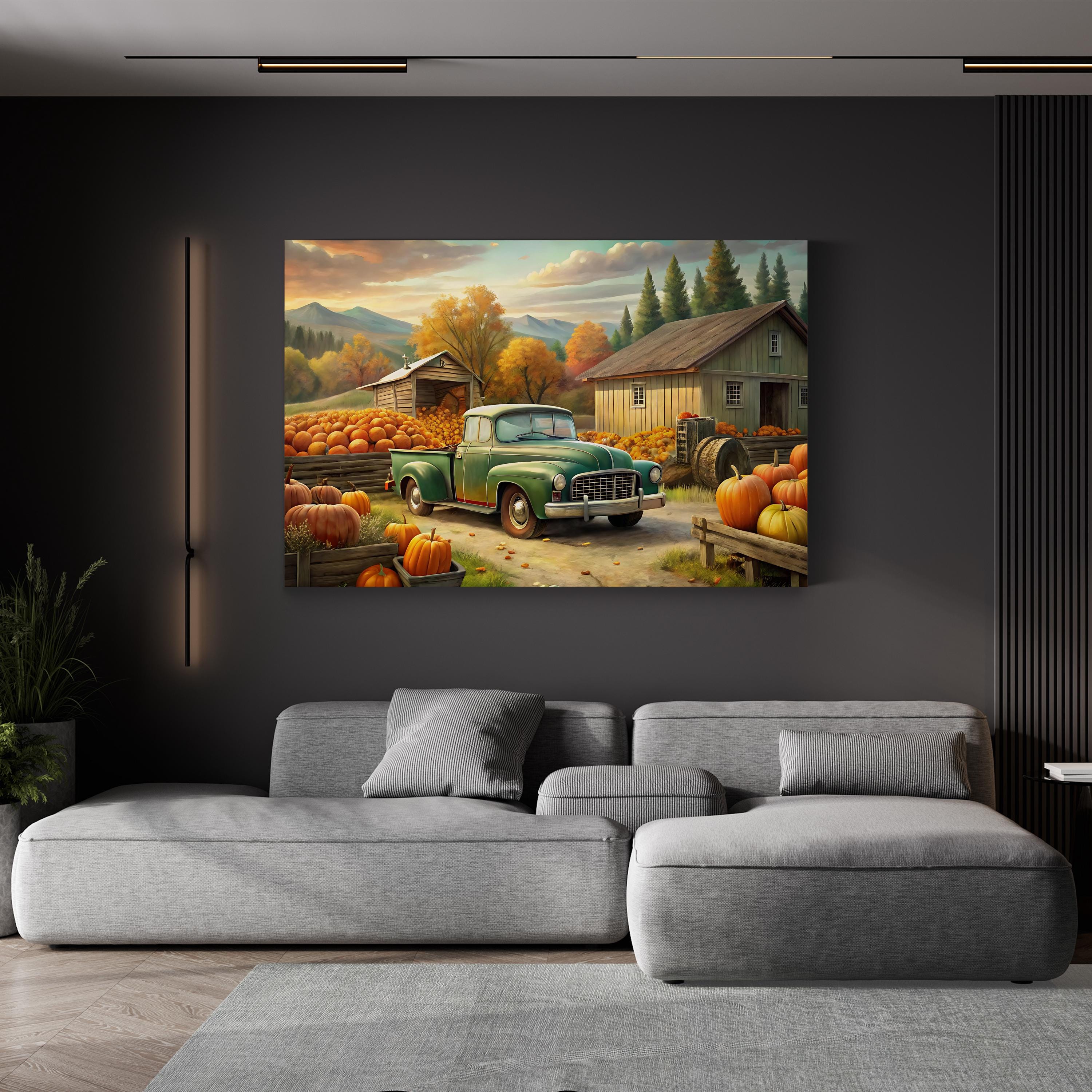 Vintage Pumpkin Truck – Period Illustration Wall Art | Autumn Farmhouse Canvas Print