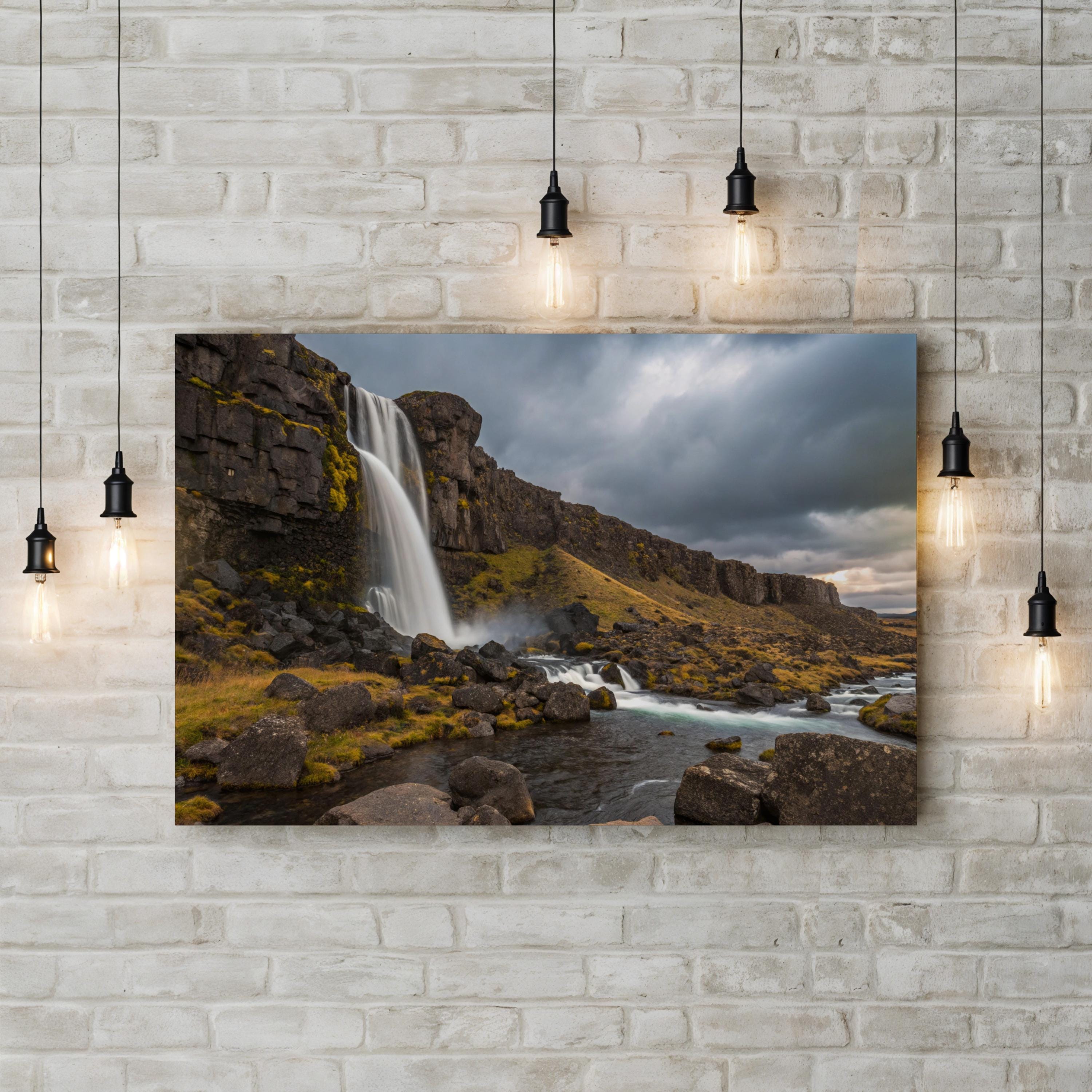 Oxarárfoss Waterfall Wall Art | Oxarárfoss, Þingvellir National Park, Iceland Landscape Canvas Print