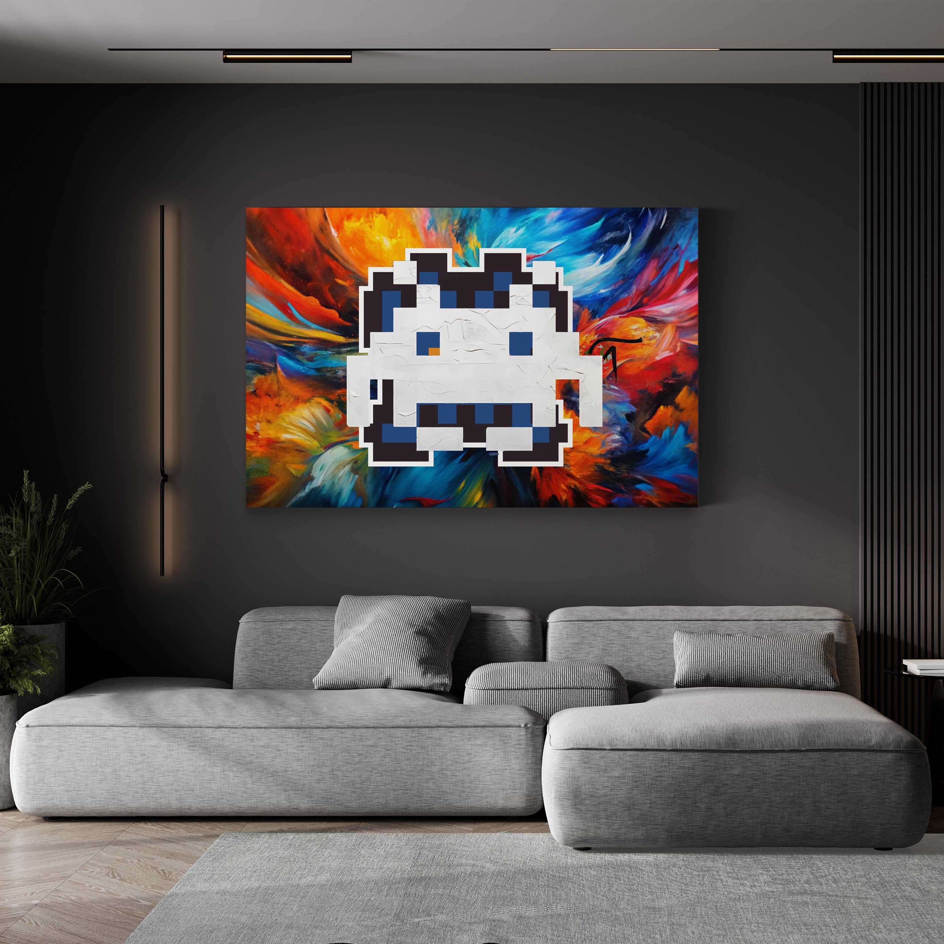 Painted Space Invader Black Canvas Art | Retro Pixel Street Art Print