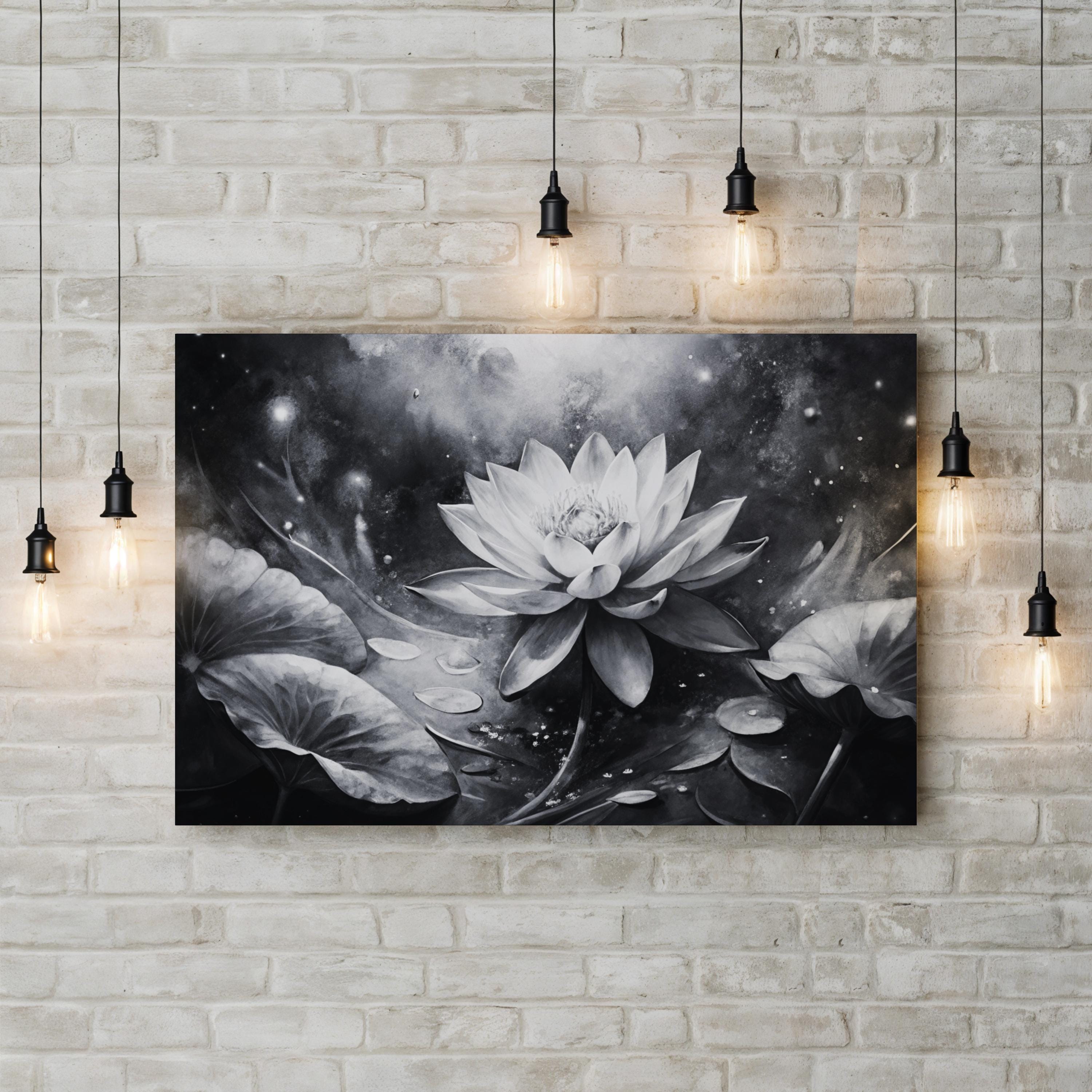 Zen Botanical Black and White Lotus Flower Wall Art