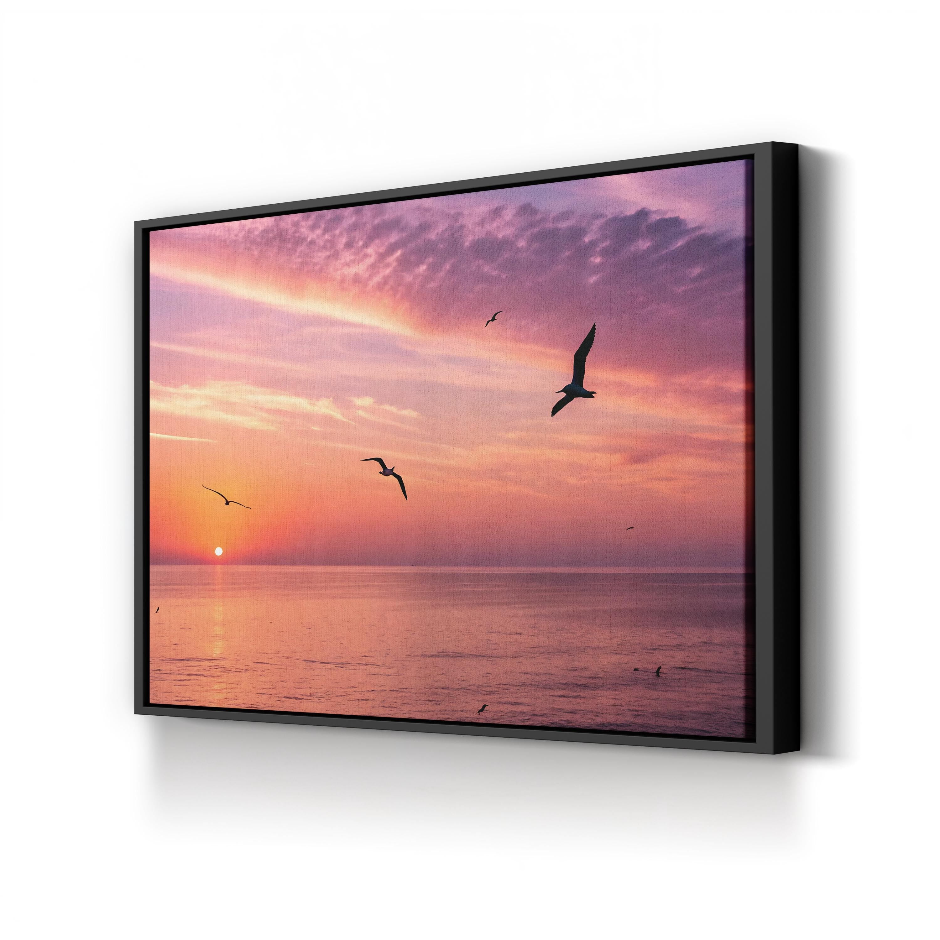 Pelicans in a Line Coastal Canvas Wall Art | Ocean Sunset Photography Print